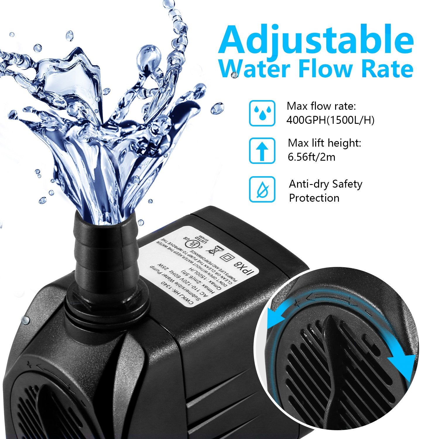 Cwkj Fountain Pump, 400Gph Submersible , Durable 25W Outdoor Water Pump With 6.5Ft Power Cord, 3 Nozzles For Aquarium, Pond, Fis