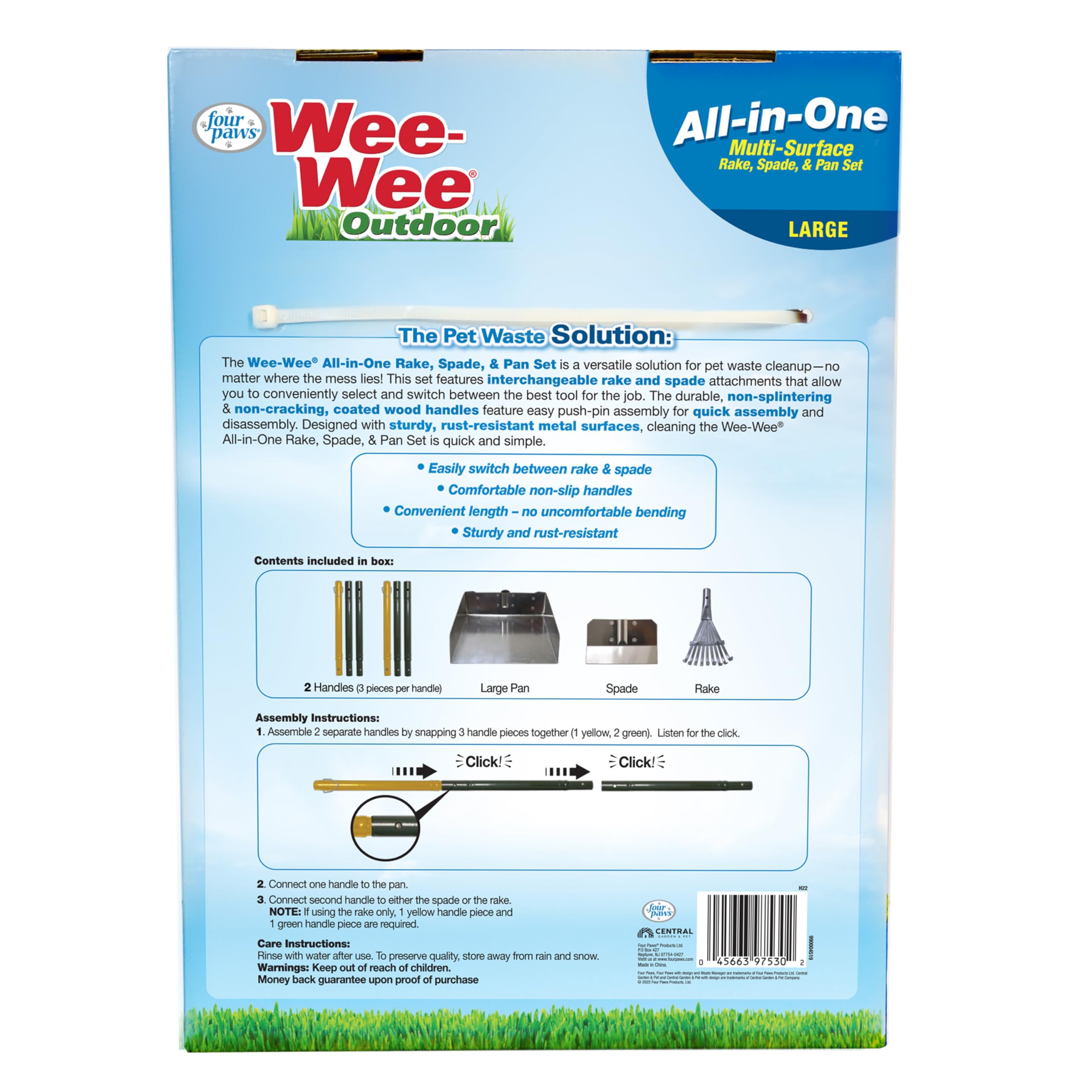 Four Paws Stainless Steel Long-Handled Dog Pooper Scooper Rake, Spade, & Pan 3 Piece Set, Pet Waste Pickup Tool, 38' X 10'