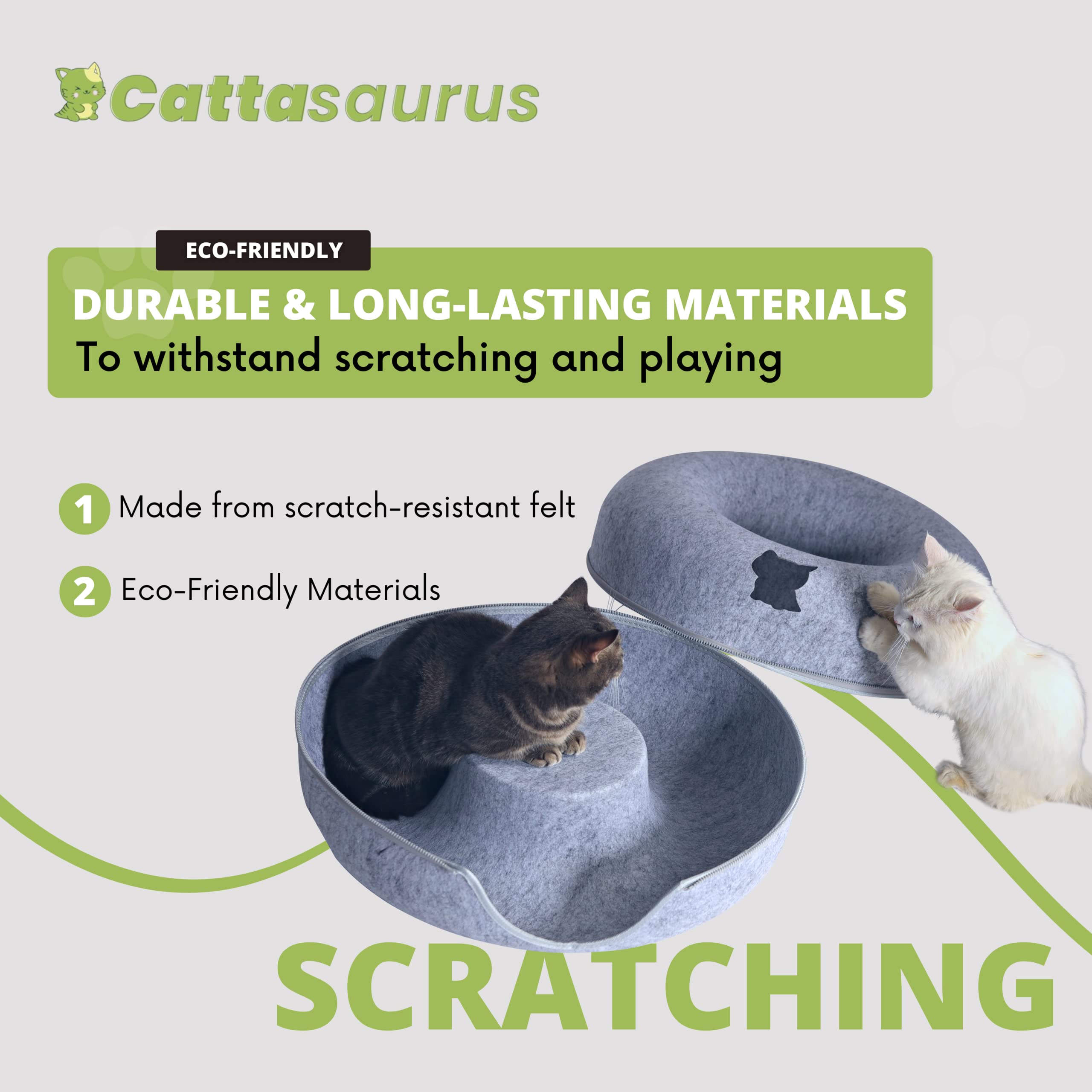 Cattasaurus Peekaboo Cat Cave For Multiple & Large Cats Up To 30-45 Lbs, Scratch Detachable & Washable Tunnel Bed, Comfy Donut Cat Cave (Light Gray, Large)