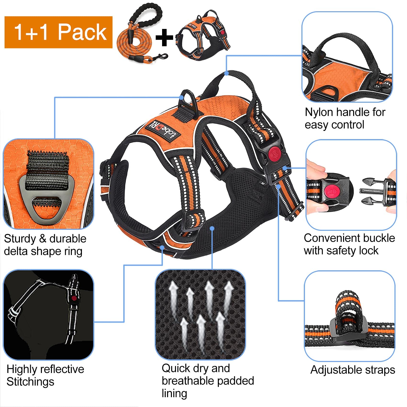 Tobedri No Pull Dog Harness Adjustable Reflective Oxford Easy Control Medium Large Dog Harness With A Free Heavy Duty 5Ft Dog Leash (Xl (Chest: 31'-39'), Orange Harness+Leash)
