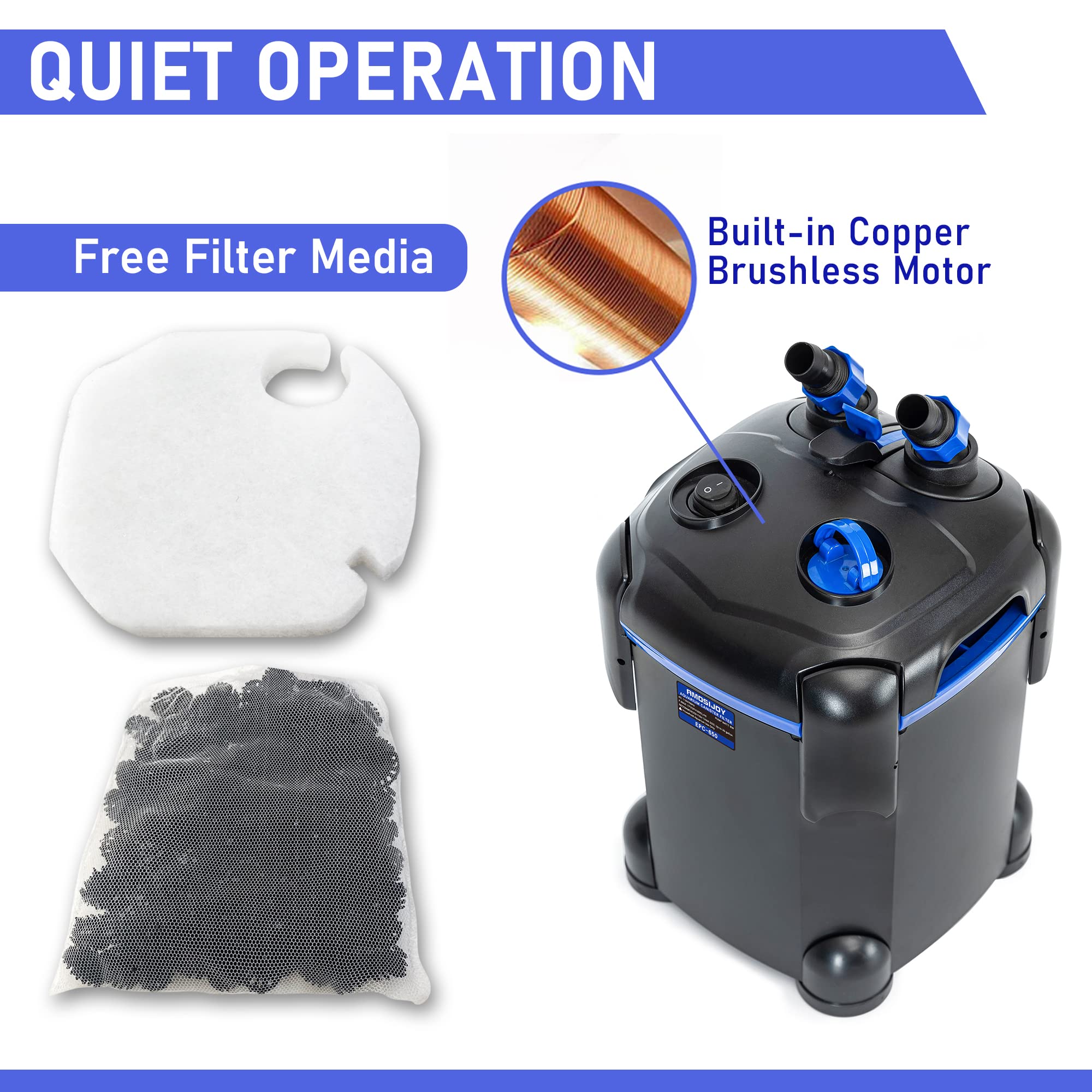 Amosijoy 172Gph Canister Filter, Ultra-Quiet External Aquarium Filter With Free Media For Large Fish Tanks And Aquariums (172Gph