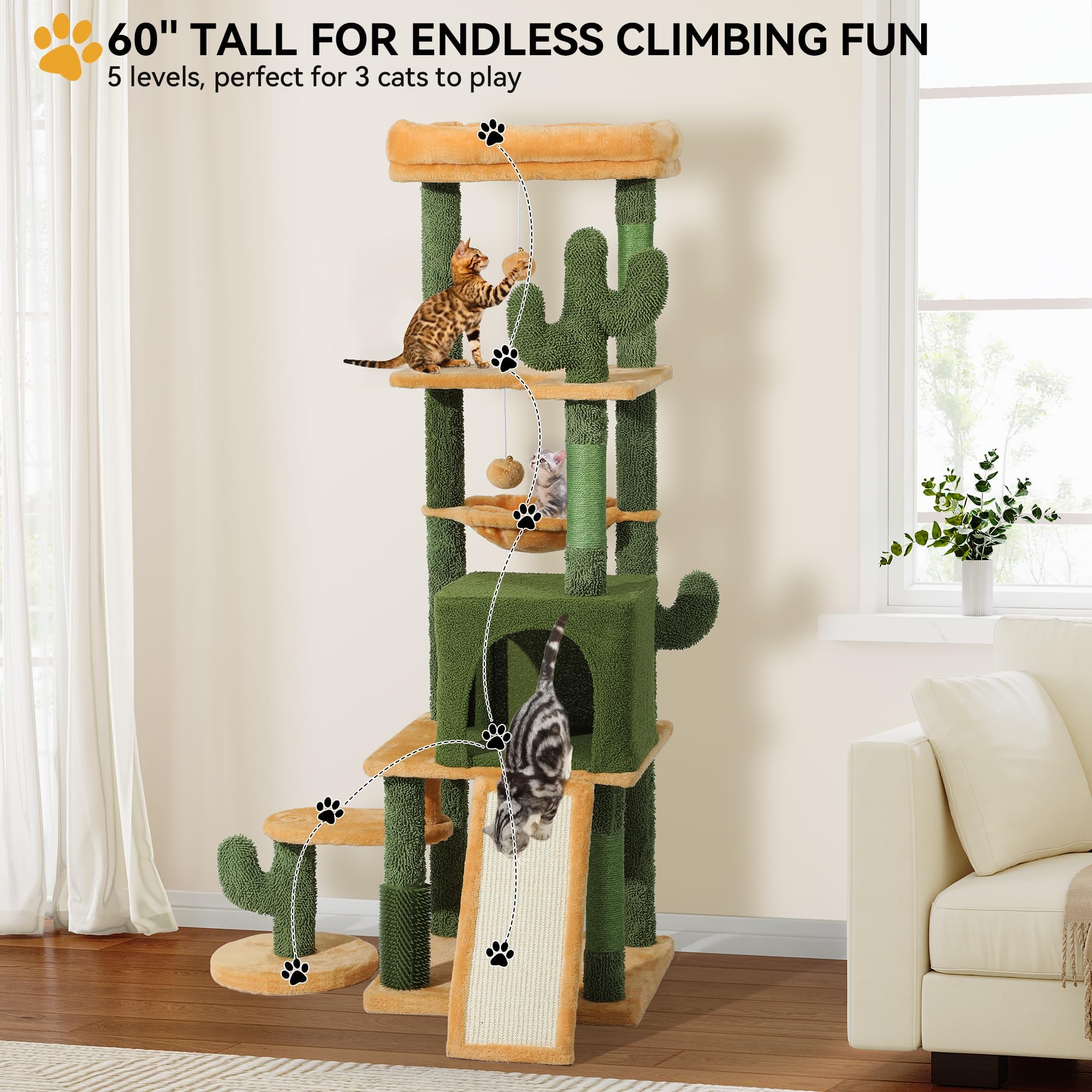 Yitahome Tall Cactus Cat Tree Tower With Self-Grooming Brush, 60In Cute Cat Climbing Tower For Indoor Cats With Cat Condo, Top P