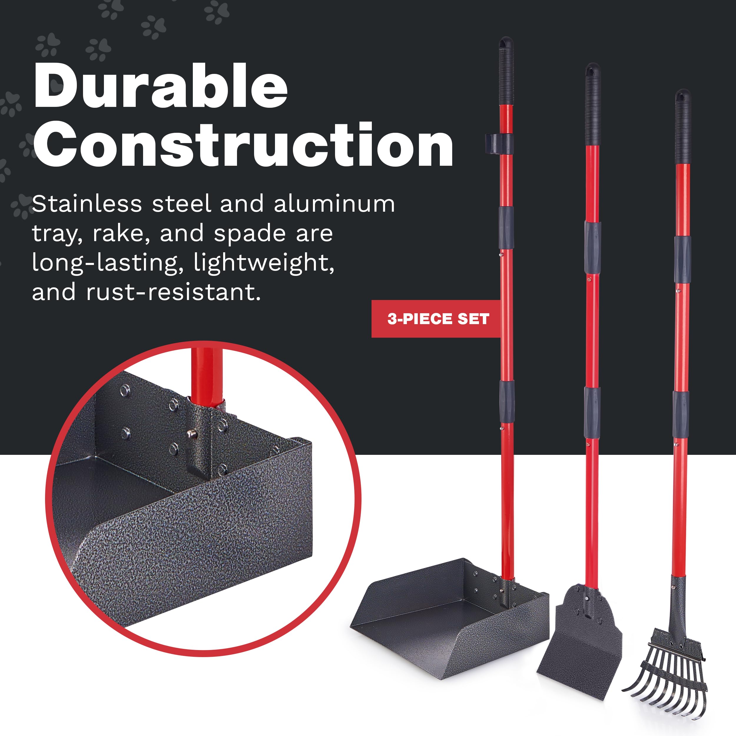 Pawler Pooper Scooper For Large Dogs, Small Dogs And Horses, Metal Poop Scooper Set With Long Handle Rake, Spade And Tray For Ya