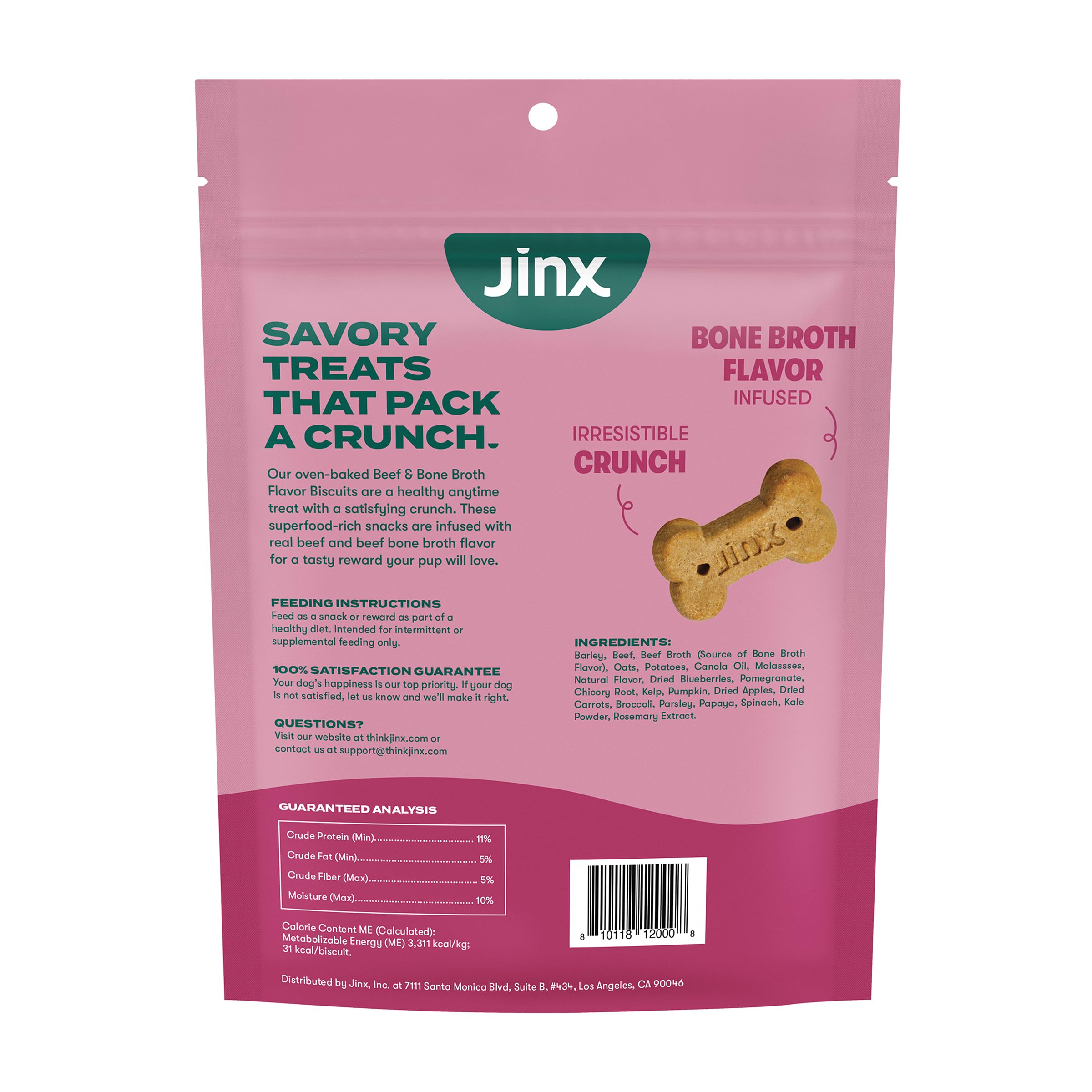 Jinx Oven-Baked Beef Bone Broth Biscuit Treats, Crunchy, All Natural, Superfood-Rich with Real Beef, Pumpkin & Blueberries, 16oz
