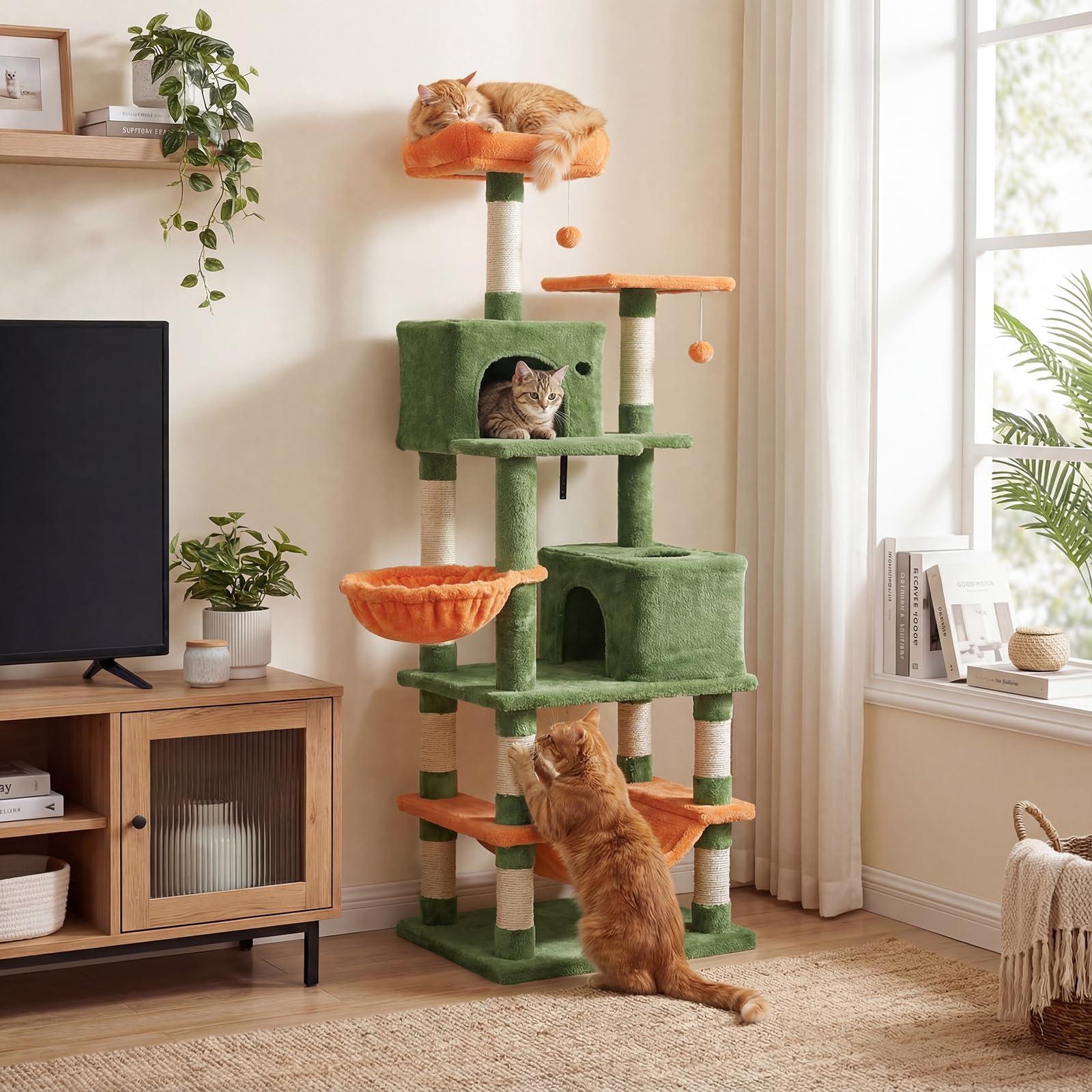 DORTALA Cat Tree for Indoor Cats, 66 Tall Cat Tower with 2 Condos, Sisal Scratching Posts, Plush Perch, Hammock, Dangling Balls,