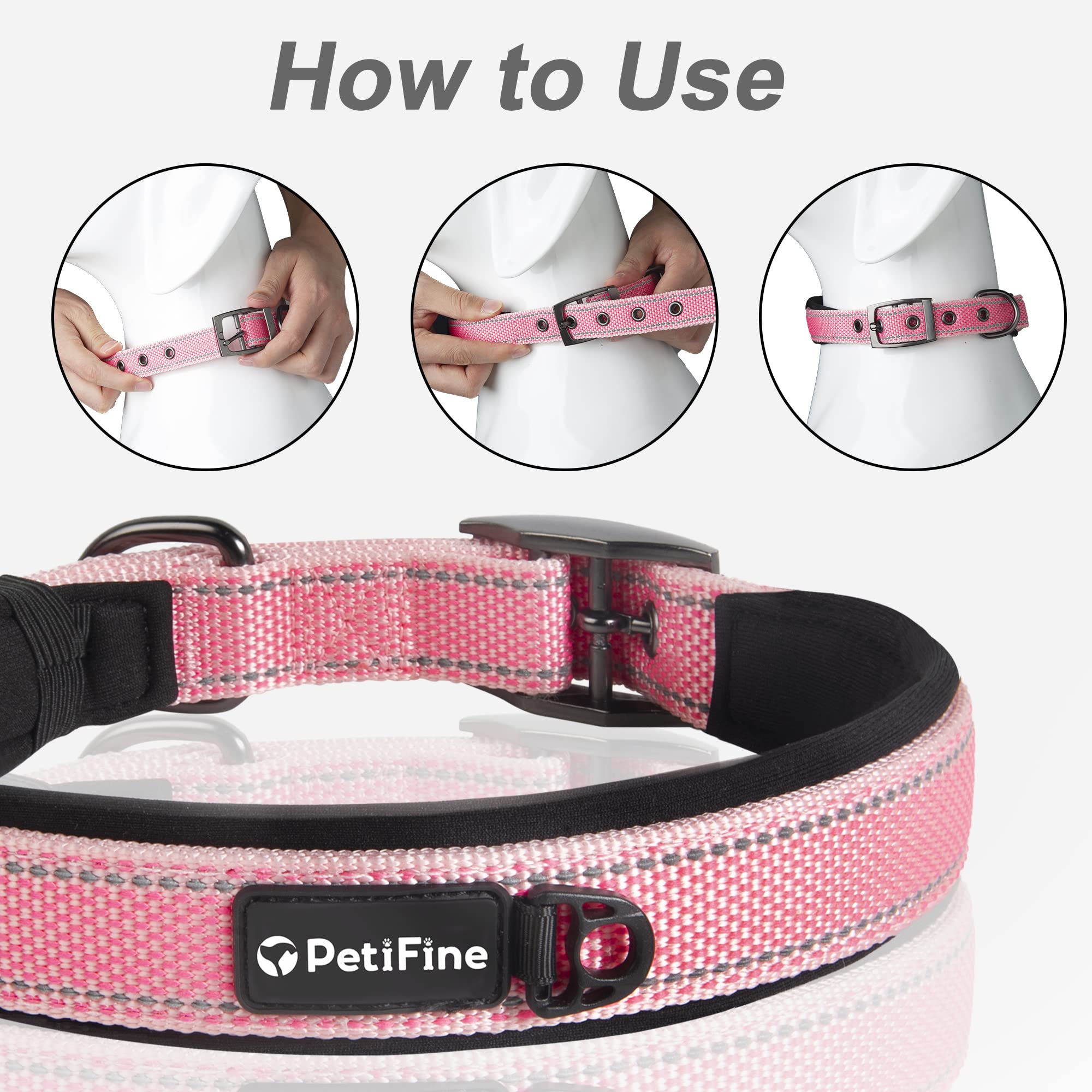Petifine Neoprene Padded Dog Collar, Heavy Duty Comfort Dog Collar With Durable Metal Buckle, Reflective Adjustable Belt Buckle Dog Collars For Small Medium Large Dogs(14.5''-19'', Pink)