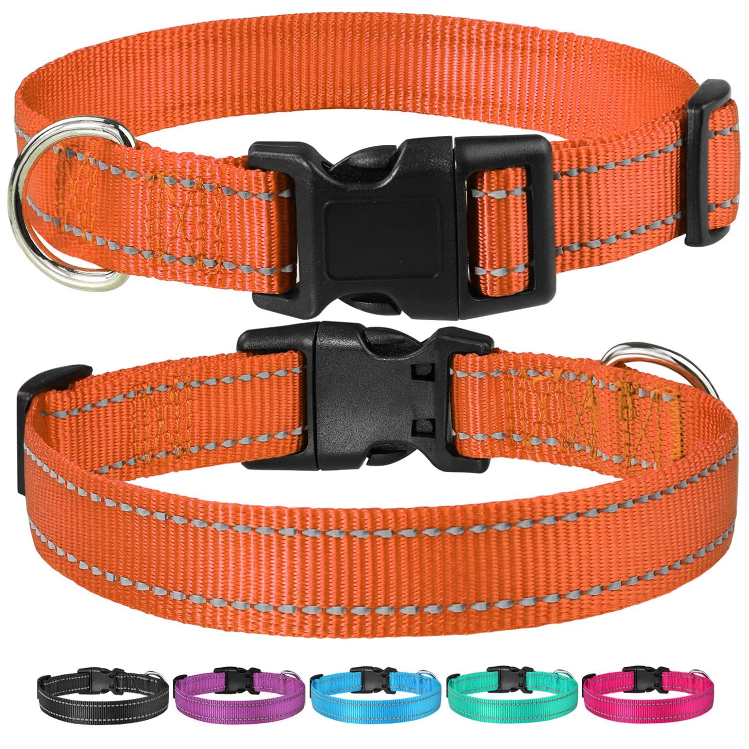 Reflective Dog Collar With Buckle Adjustable Safety Nylon Collars For Small Medium Large Dogs, Orange L