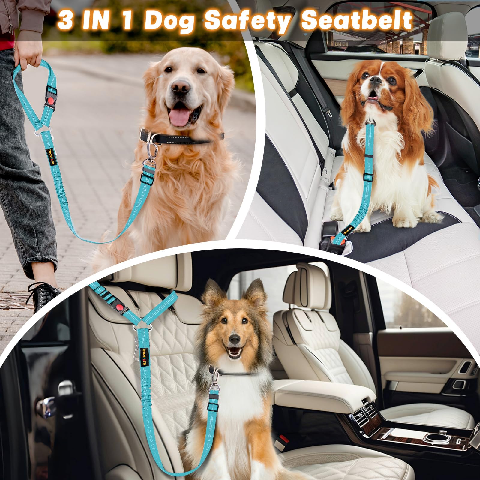 Dog Seat Belt Harness For Car, Dog Car Leash With Car Headrest & Buckle, Reflective Short Dog Leash, Pet 15 Inch Heavy Duty Leas