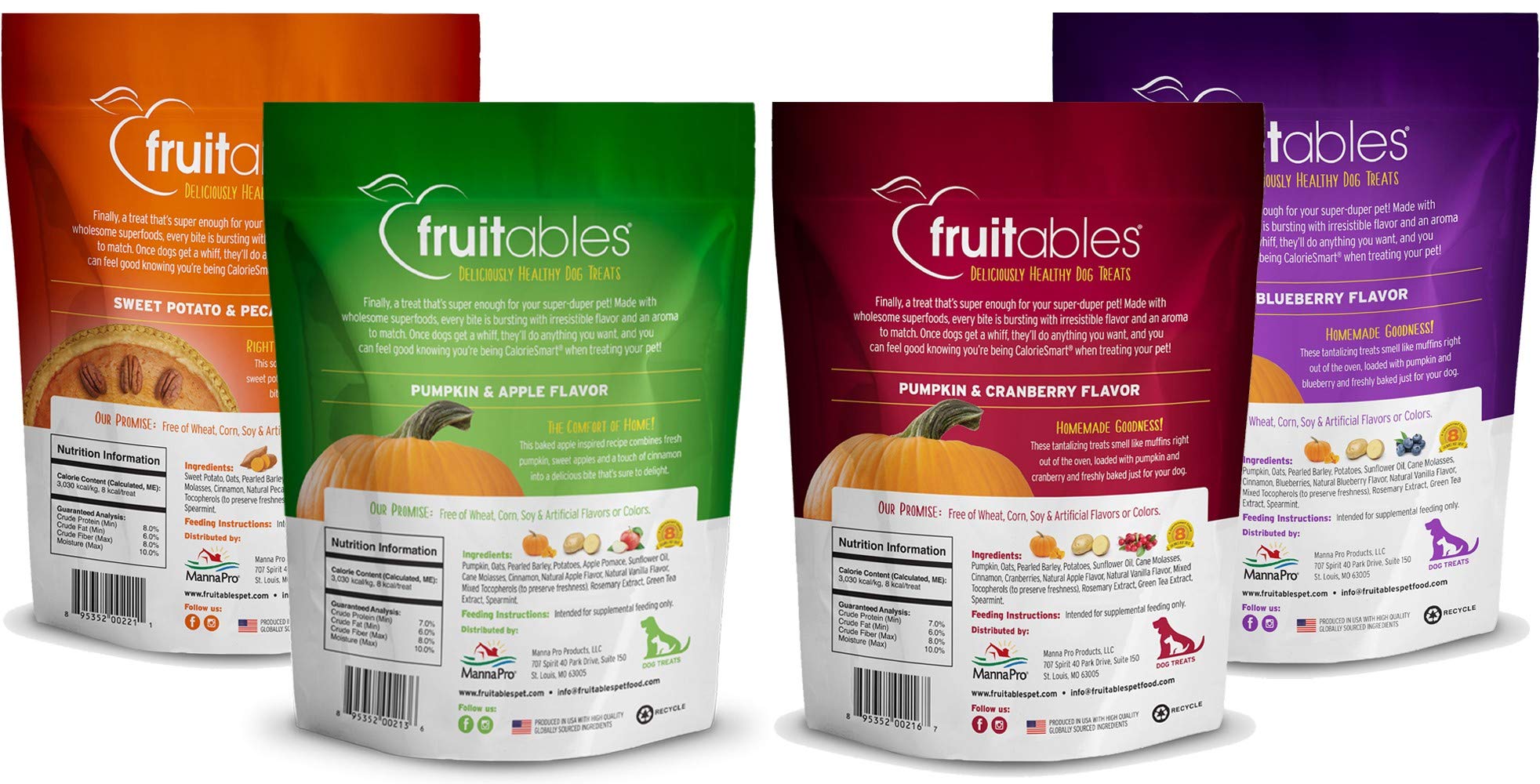 Fruitables Baked Crunchy Pumpkin Dog Treats, 7oz, Variety Pack of 4