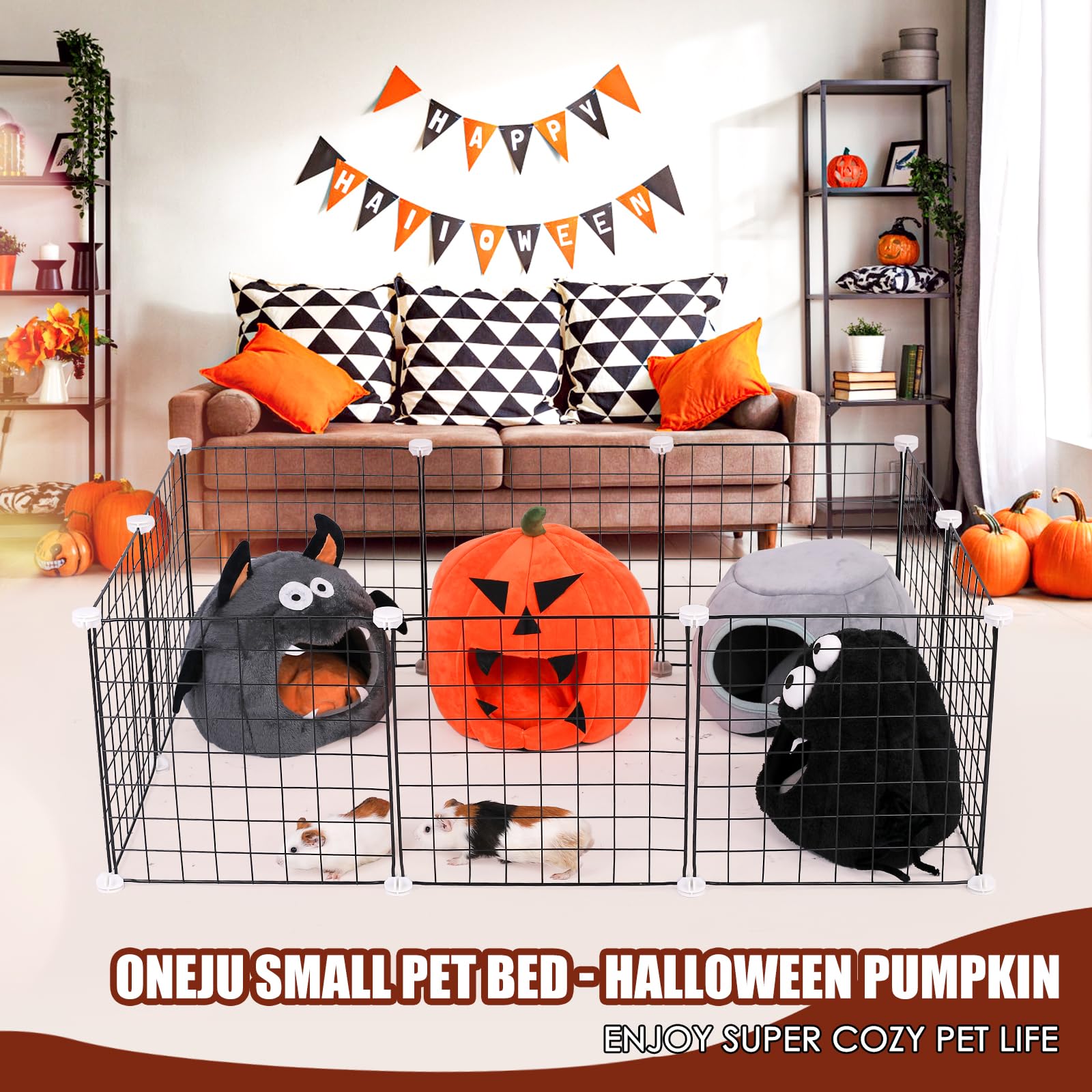 Oneju Guinea Pig Bed, Guinea Pig Hideout, Rabbit Bed, Bunny Hideout, Halloween Style Guinea Pig Bed For Guinea Pig, Bunny, Chinchilla, Ferret, Rabbit And Other Small Pets - Halloween Pumpkin