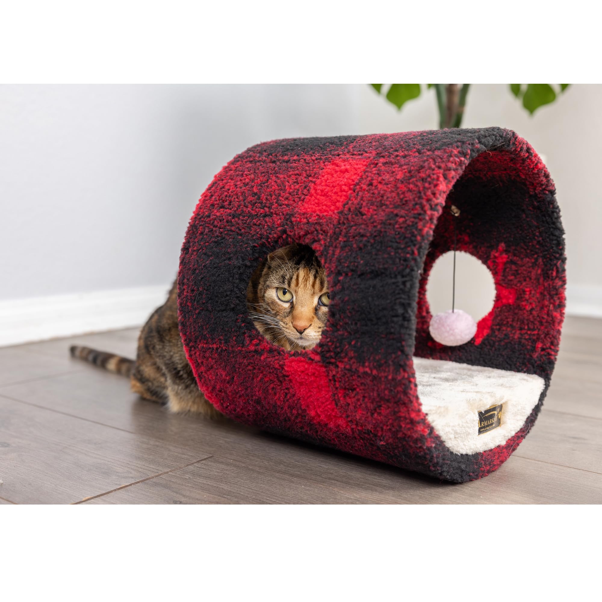Armarkat Model B1601 Cat Hideaway Tunnel, Scotch Plaid, Black/Red, 16''(L) X 10''(W) X 16''(H)