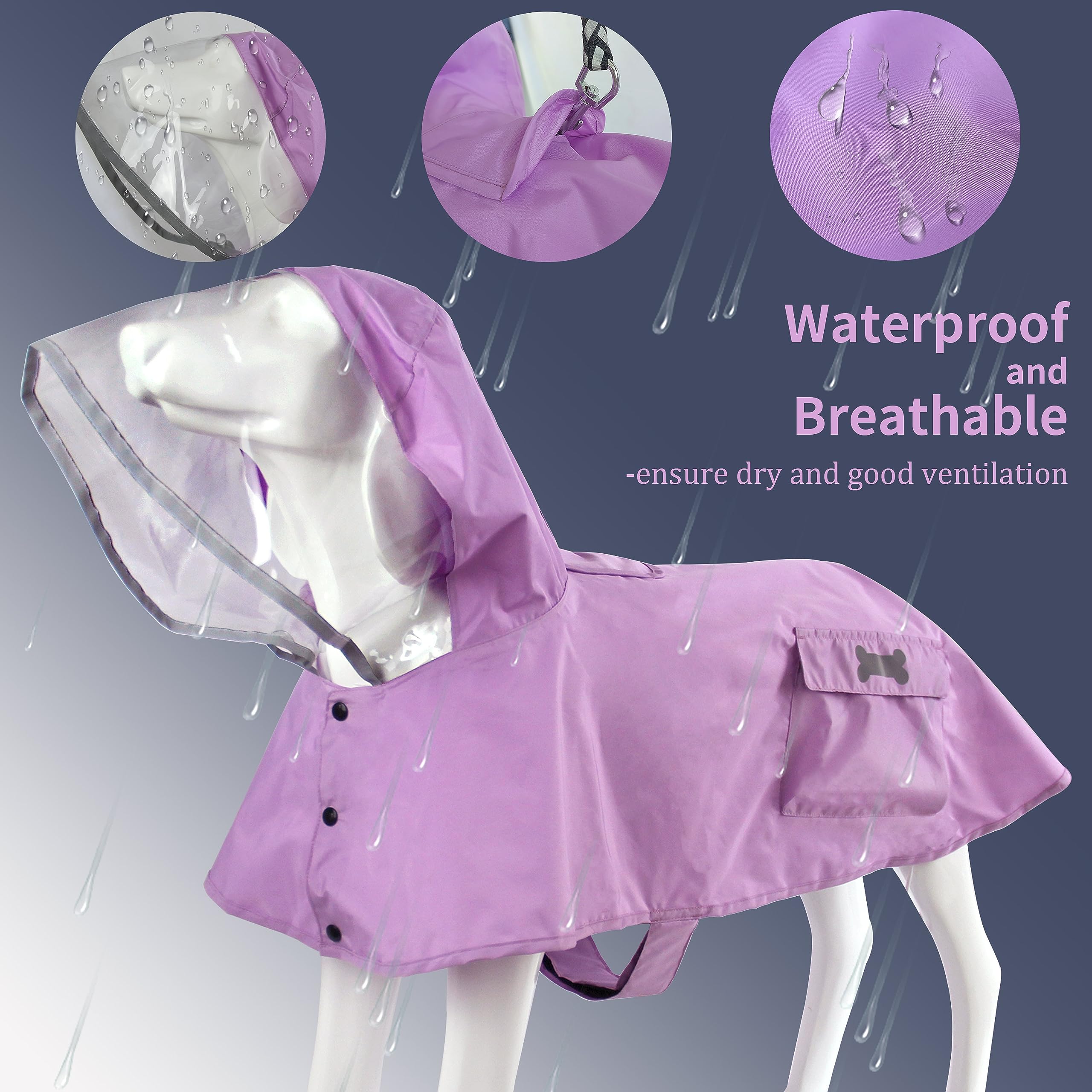 Waterproof Dog Raincoat, Adjustable Reflective Lightweight Pet Rain Clothes With Poncho Hood(X-Large, Light Purple)