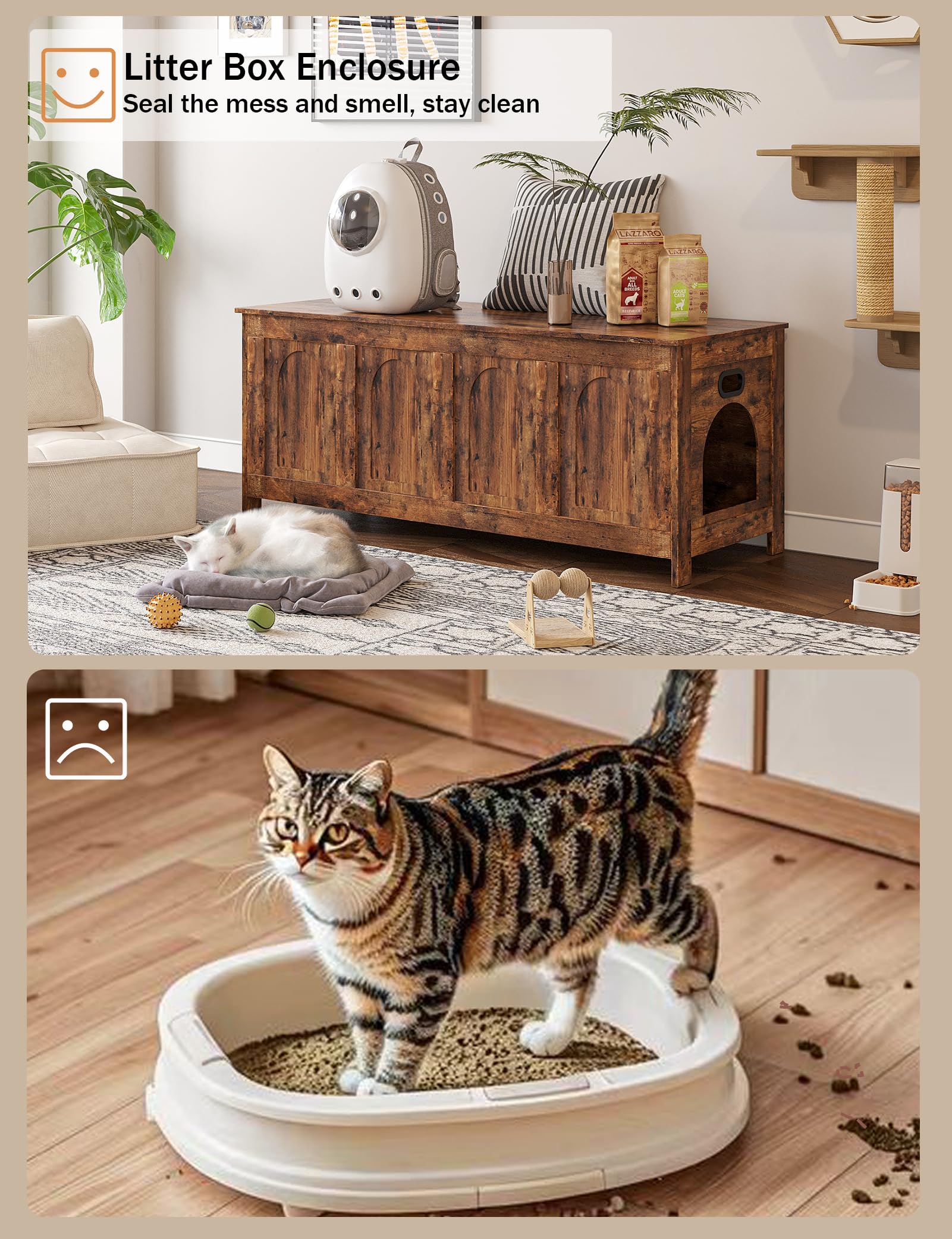 Dinzi Lvj Cat Litter Box Enclosure, Flip Top Litter Box Furniture, Hidden Cat Washroom, 2-Entrances Wooden Pet House, 47.2''L X