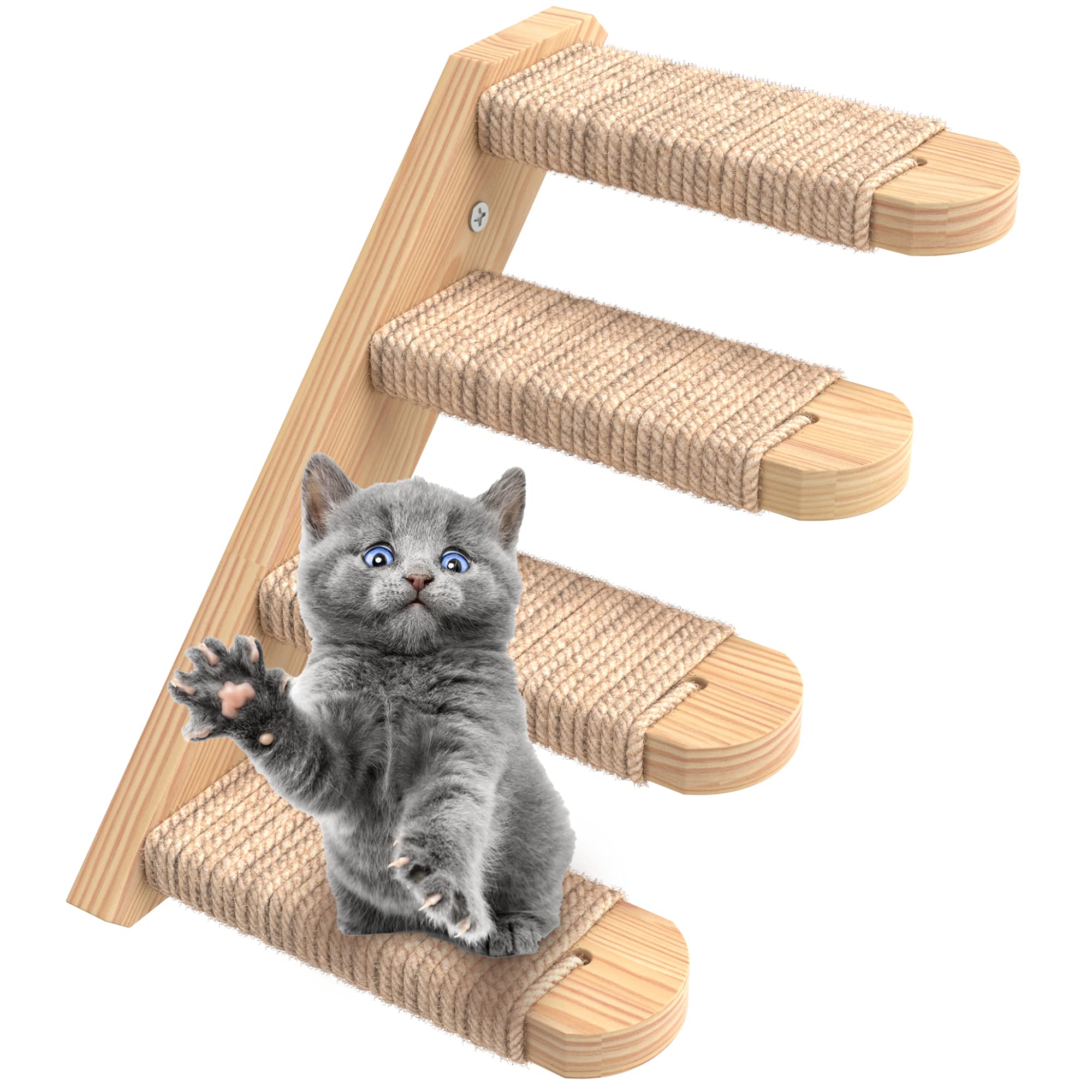 Skywin Cat Steps - Solid Rubber Wood Cat Wall Stairs Great For Scratching And Climbing - Easy To Install Wall Mounted Cat Wall Shelves For Playful Cats (Wood, Left-Right)