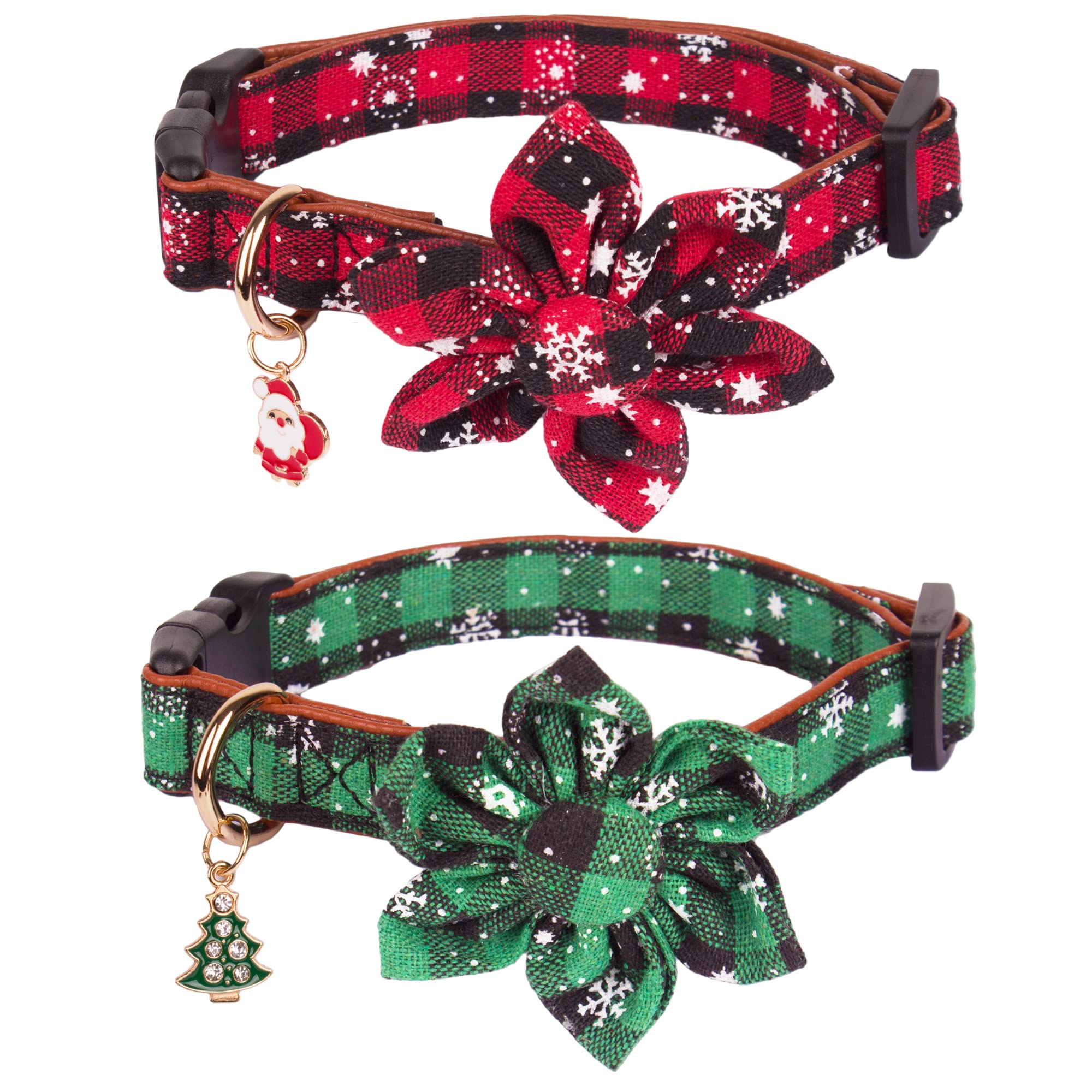 Adoggygo Christmas Dog Collar With Flower, Plaid Dog Christmas Collar With Removable Floral Adjustable Christmas Collars For Medium Dog (Medium)