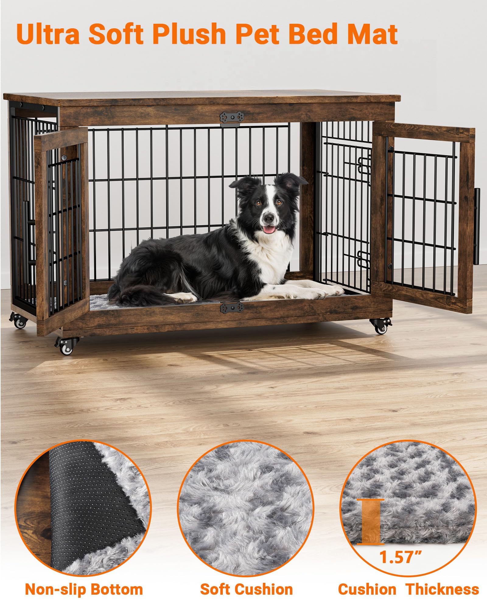 Dog Crate Furniture with Cushion, Large Wooden Dog Kennel Indoor with Double Doors, Dog Cage with Wheels, Dog House Side End Tab