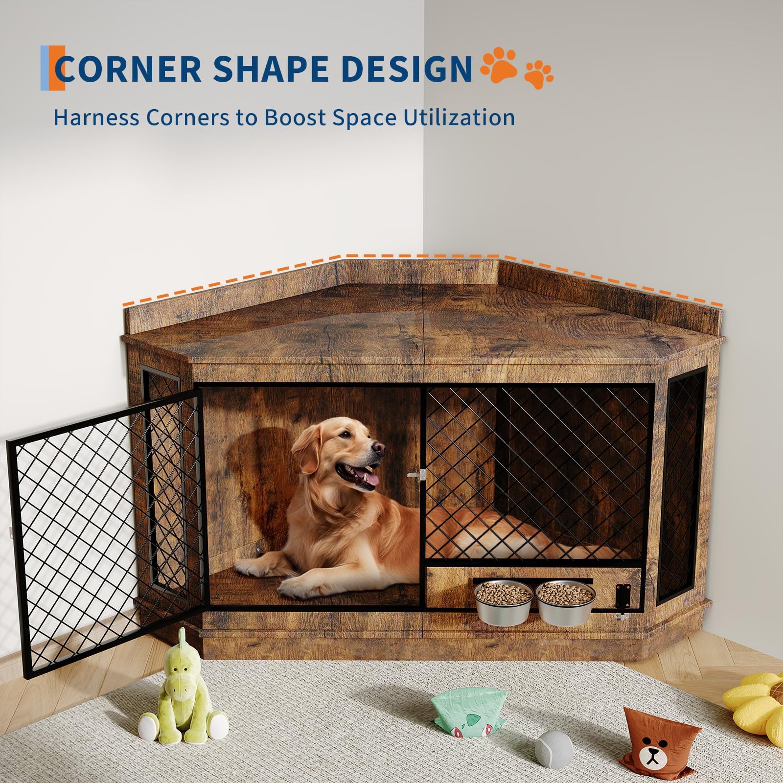 51.3 Corner Dog Crate Furniture with 360 Rotating Feeder, Decorative Dog Crates Dog Cage TV Stand Wooden Dog Kennel End Table fo