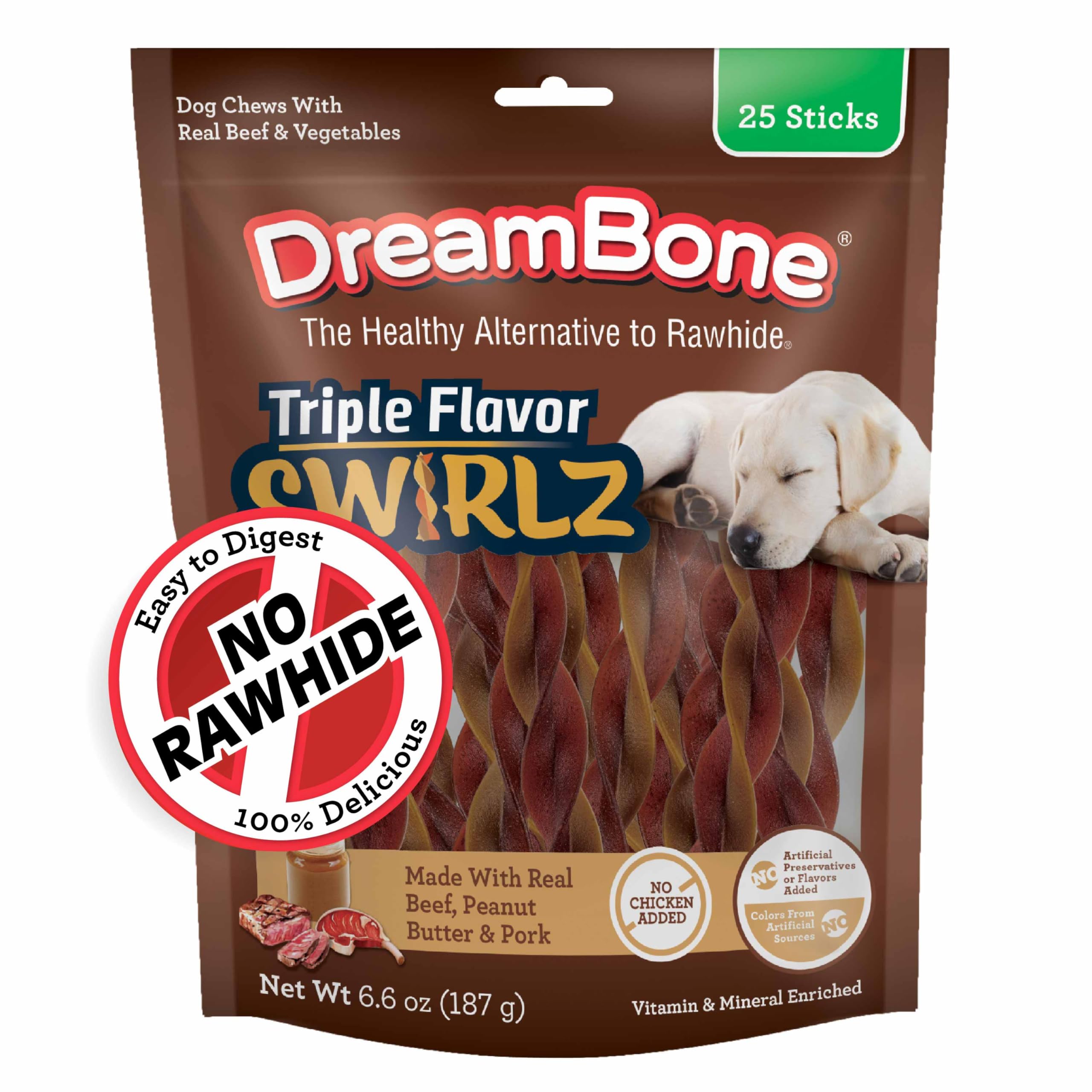 Dreambone Triple Flavor Swirlz No Chicken Added for Dogs, 25 Count, Treat Your Dog to Easy-to-Digest Rawhide-Free Chews Made wit