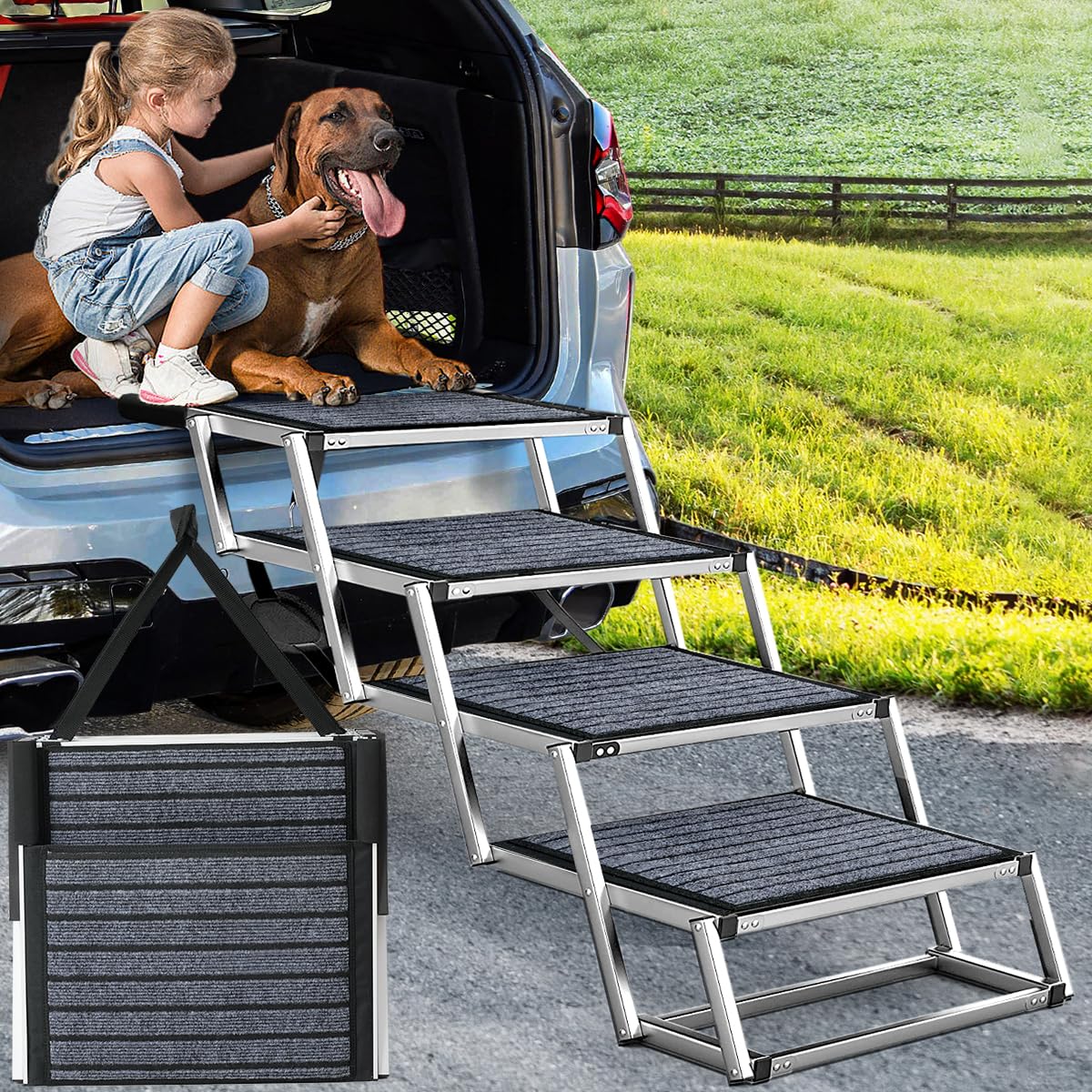 Dog Ramp for Car, Extra Wide Dog Car Stair for Large Dogs, Pet Steps Lightweight Aluminum Foldable Dog Steps for Cars and SUV,Hi