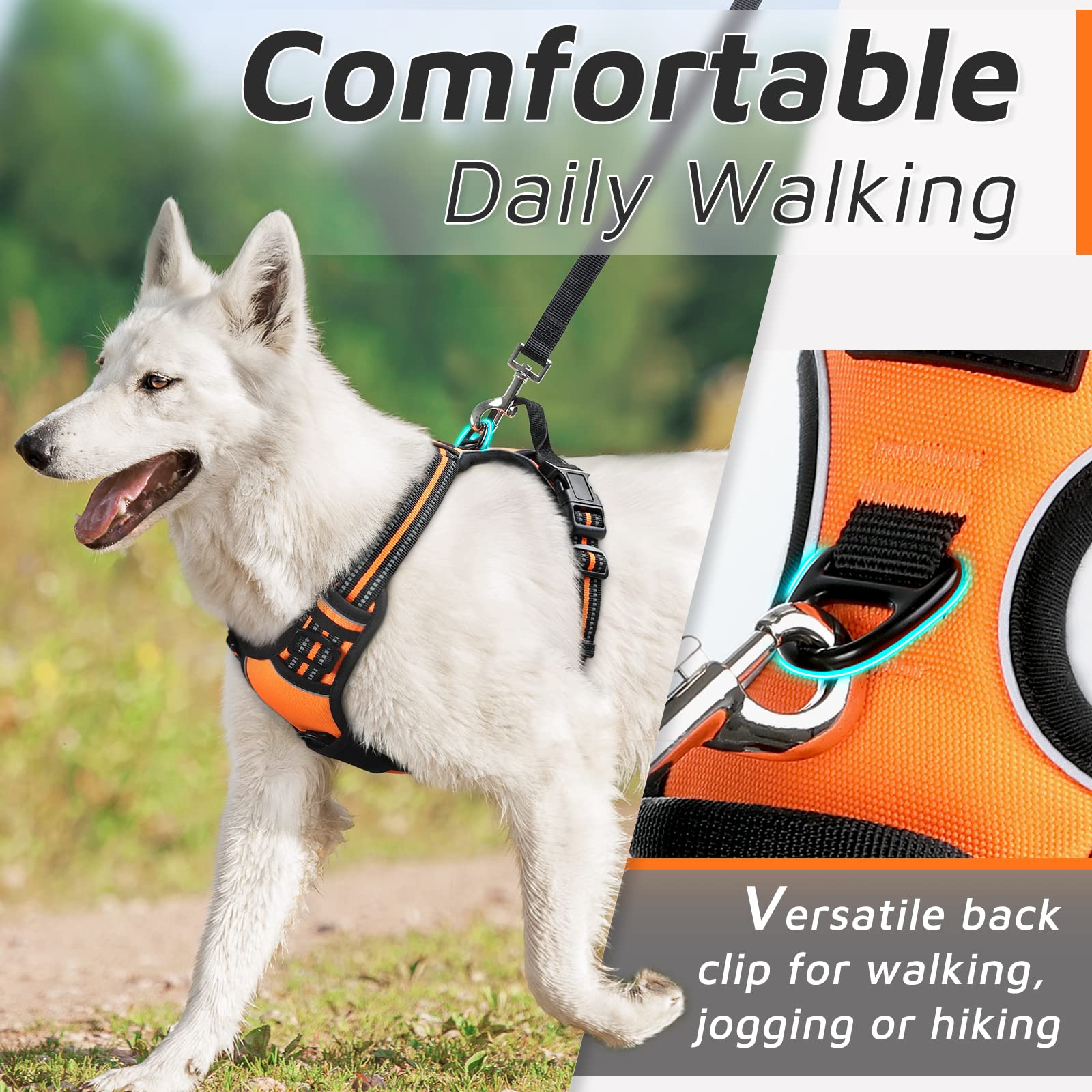 Eagloo Dog Harness For Large Dogs, No Pull Service Vest With Reflective Strips And Control Handle, Adjustable And Comfortable For Easy Walking, No Choke Pet Harness With 2 Metal Rings, Orange, L