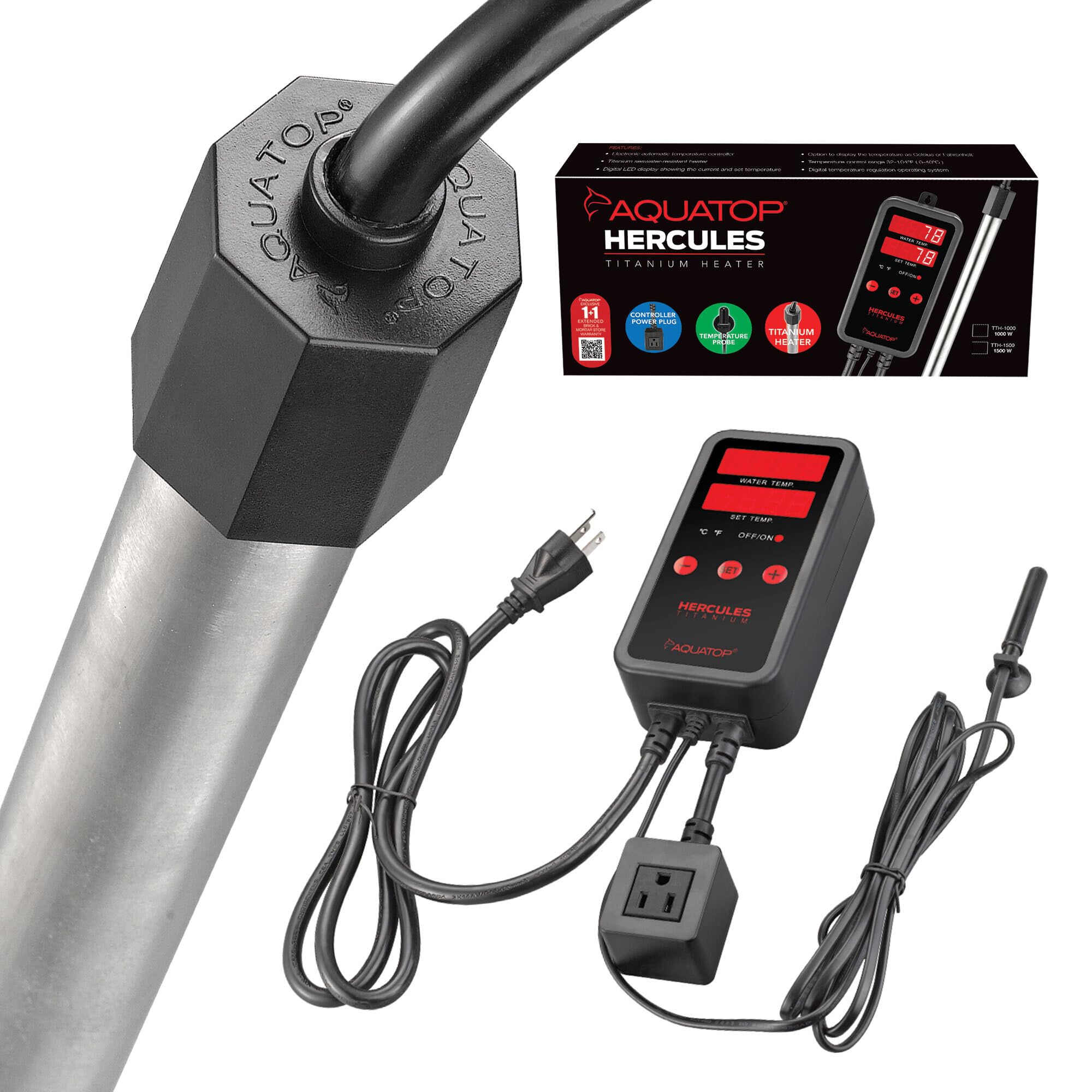 Aquatop 1000W Titanium Tube Heater With Digital Controller - Fully Submersible For 200-300 Gallon Fish Tanks, Adjustable High &