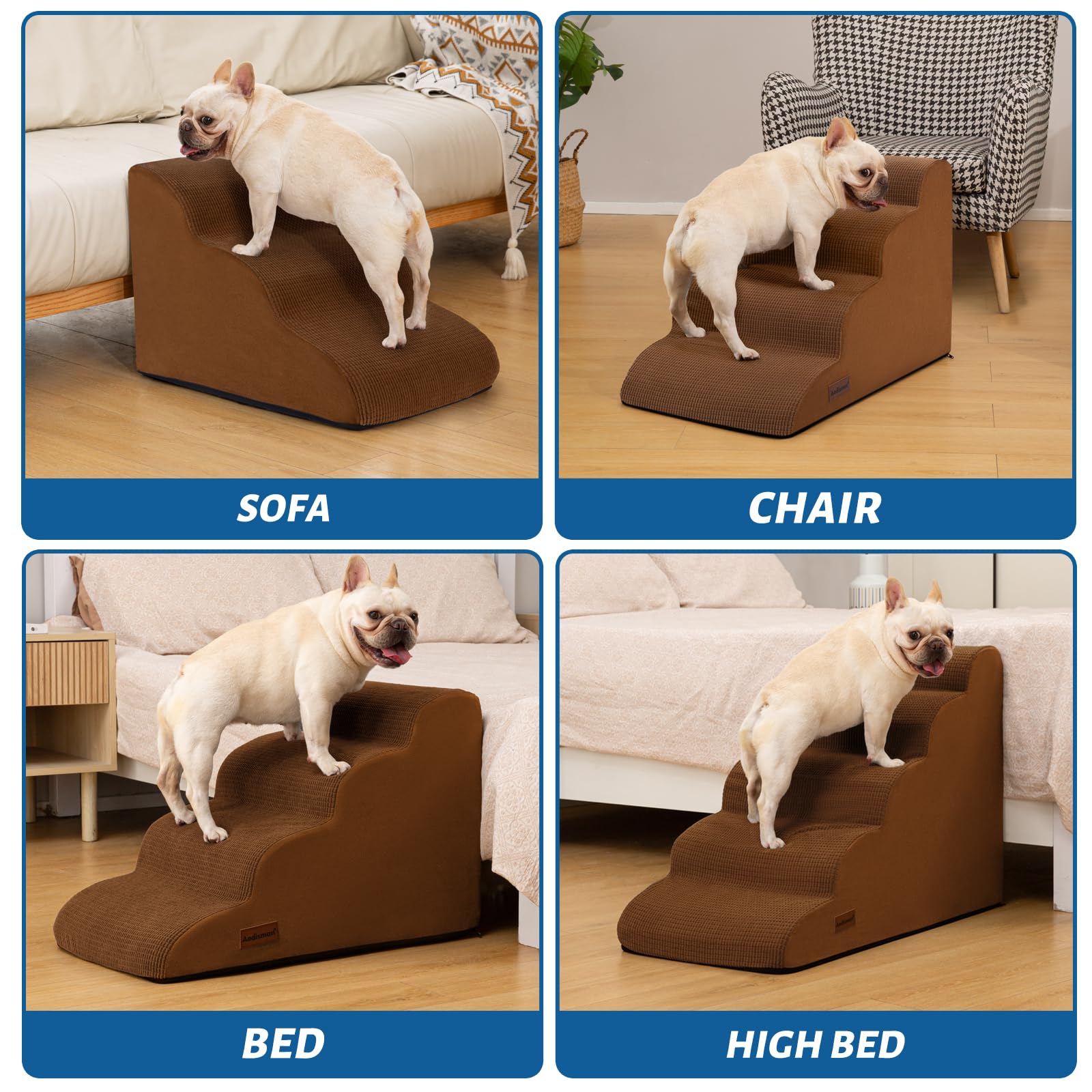 Aodisman 5-Step Dog Stairs Ramp for High Bed, Non-Slip Foam Steps, 22.2" H, Brown, Model Y02-Brown