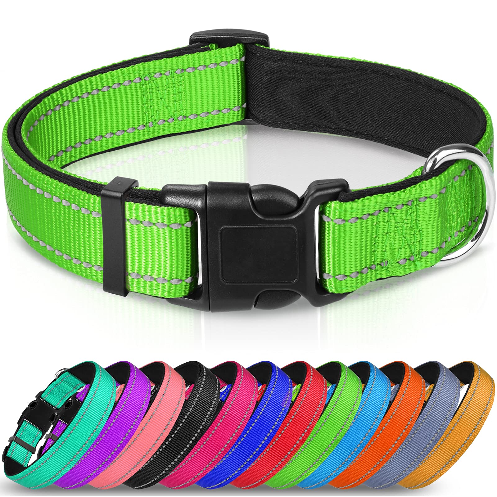 Joytale Reflective Dog Collar,Soft Neoprene Padded Breathable Nylon Pet Collar Adjustable For Extra Large Dogs,Green,Xl