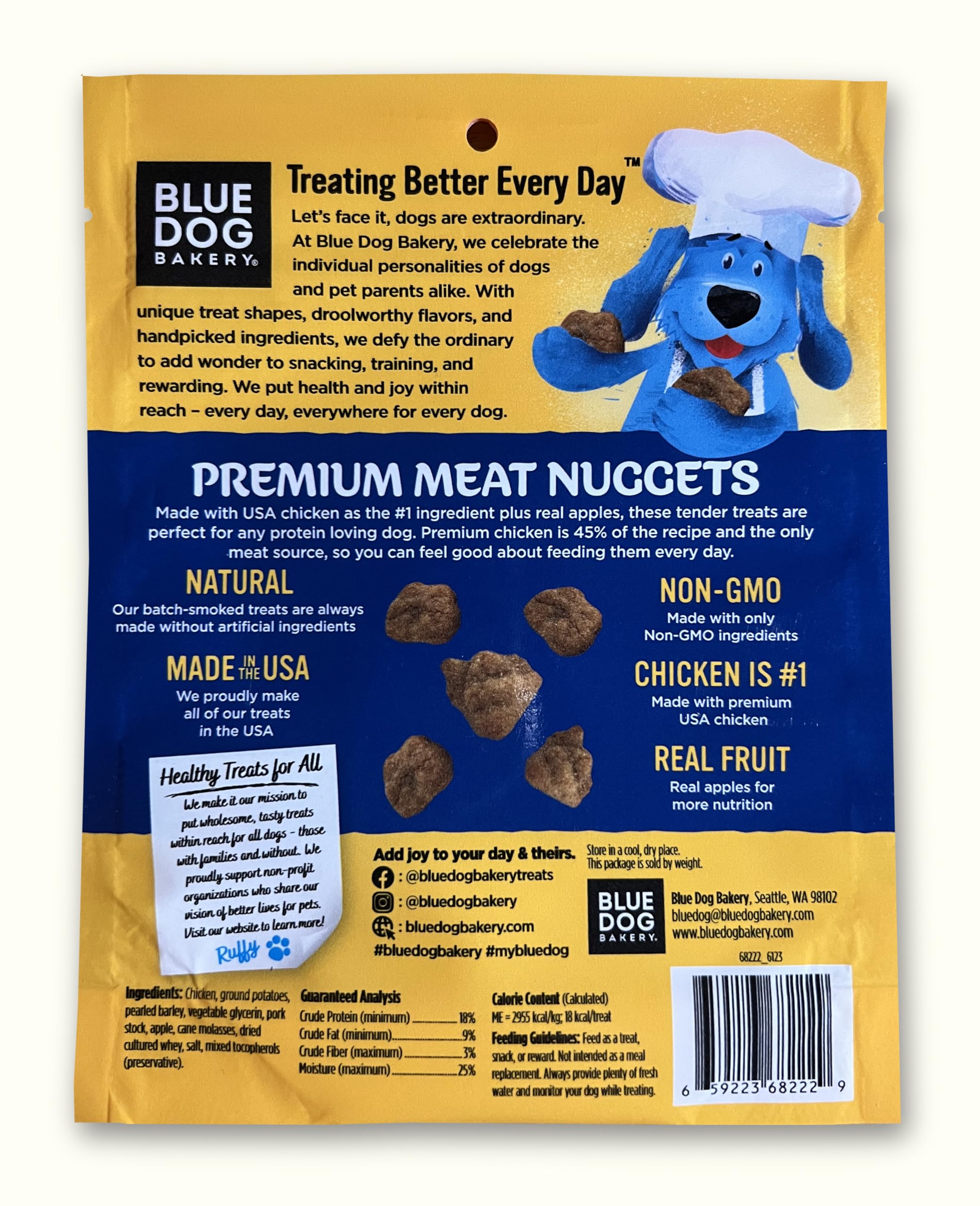 Blue Dog Bakery Protein Nuggets Snack | Small, Soft & Chewy Chicken & Apple Flavor | Natural Healthy Dog Treats, 6 oz (Pack of 8