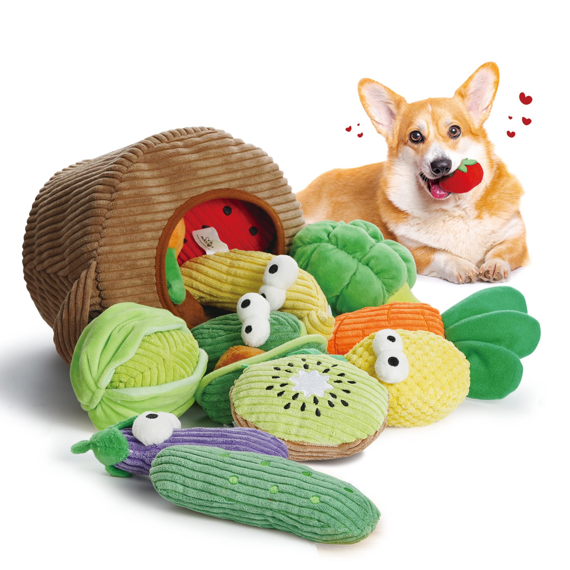Nocciola Small Squeaky Crinkle Dog Toys- 15 Packs Grocery Basket Fruits Veggies Puppy Toys To Keep Busy, Cute Durable Plush Stuf