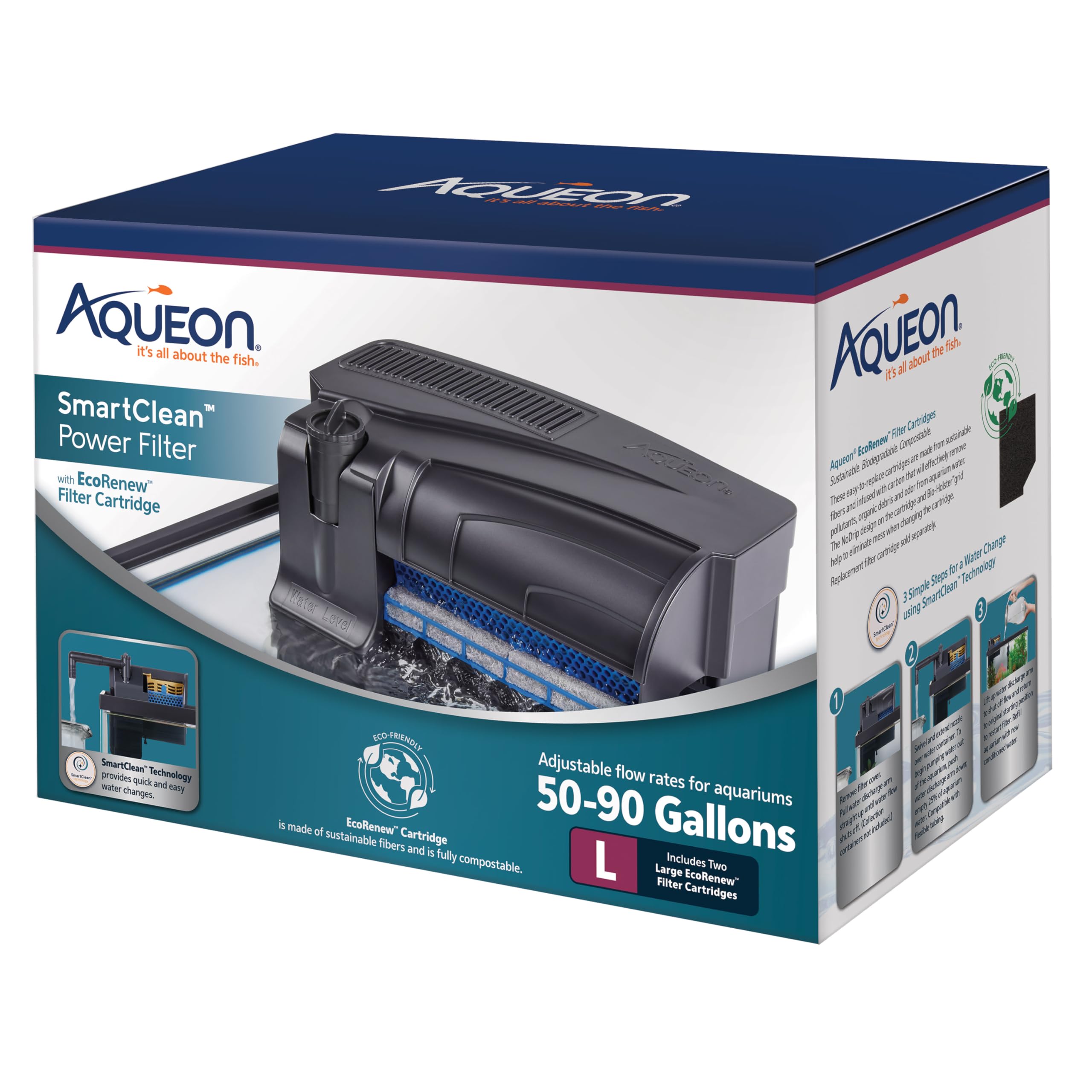 Aqueon Aquarium Fish Tank SmartClean Power Filter with EcoRenew Filter Cartridge, 50-90 Gallons