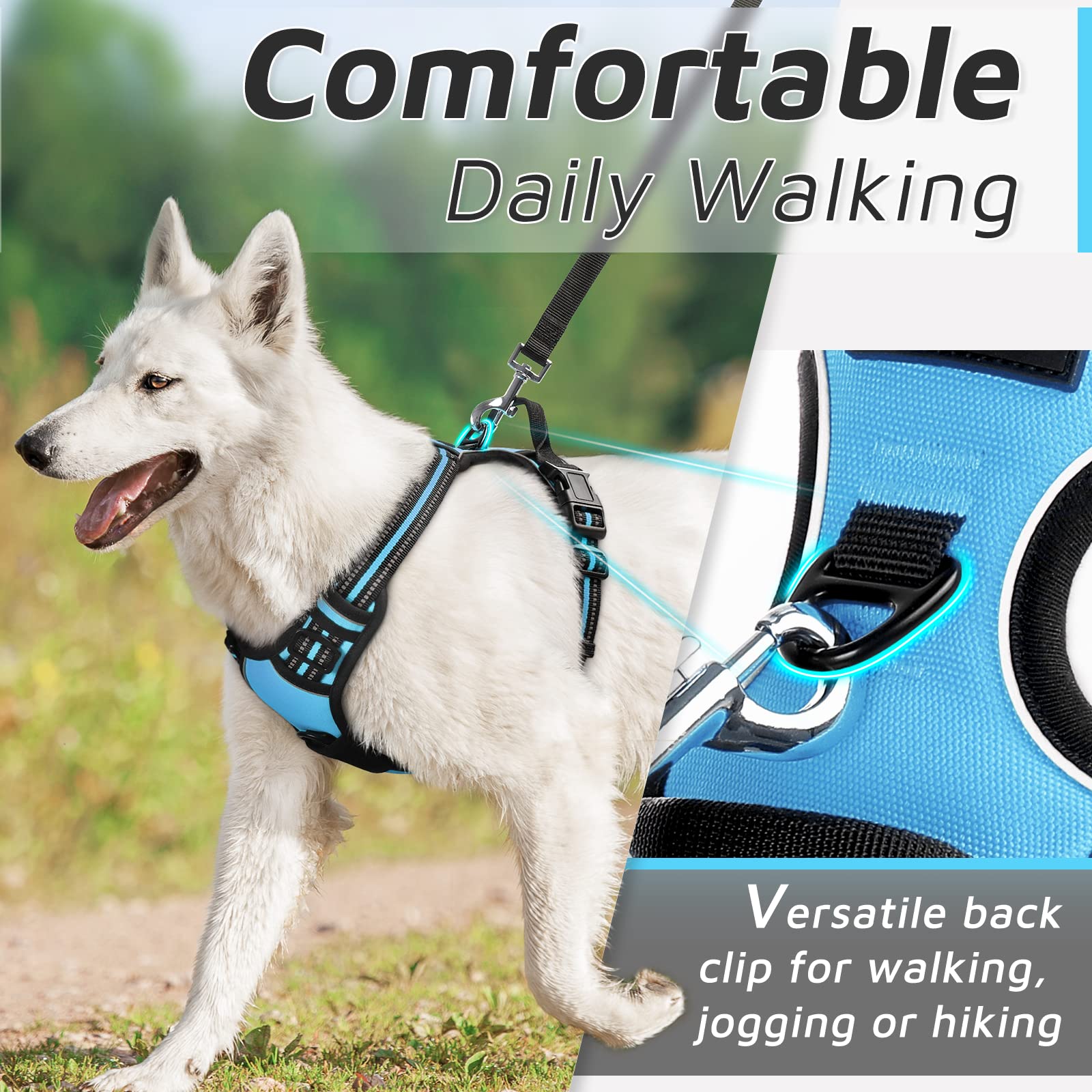 Eagloo Dog Harness For Large Dogs, No Pull Service Vest With Reflective Strips And Control Handle, Adjustable And Comfortable For Easy Walking, No Choke Pet Harness With 2 Metal Rings, Sky Blue, L