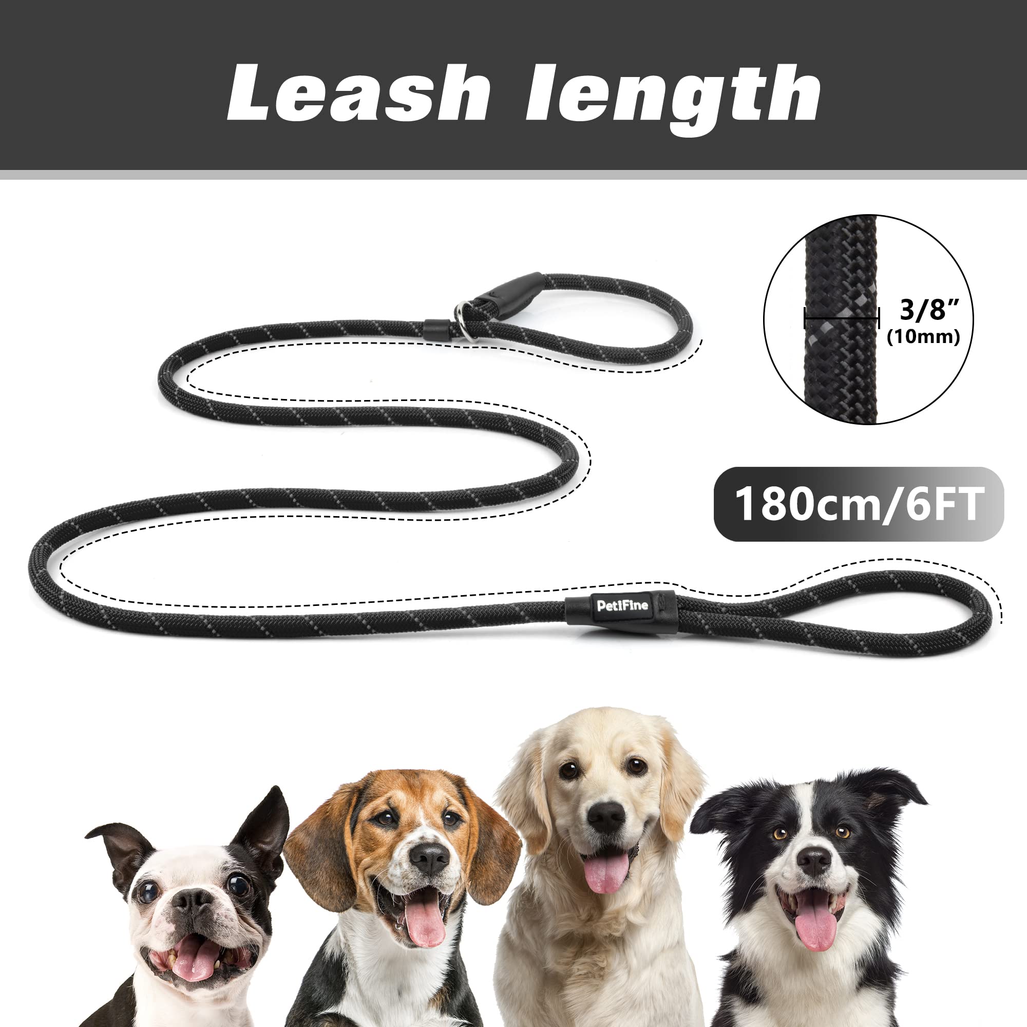 Petifine 6 Ft Slip Lead Dog Leash, Full Reflective Dog Training Leash, Heavy Duty Adjustable Pet Nylon Slip Rope Lead For Small Medium Large Dogs (3/8' -6 Ft, Black)