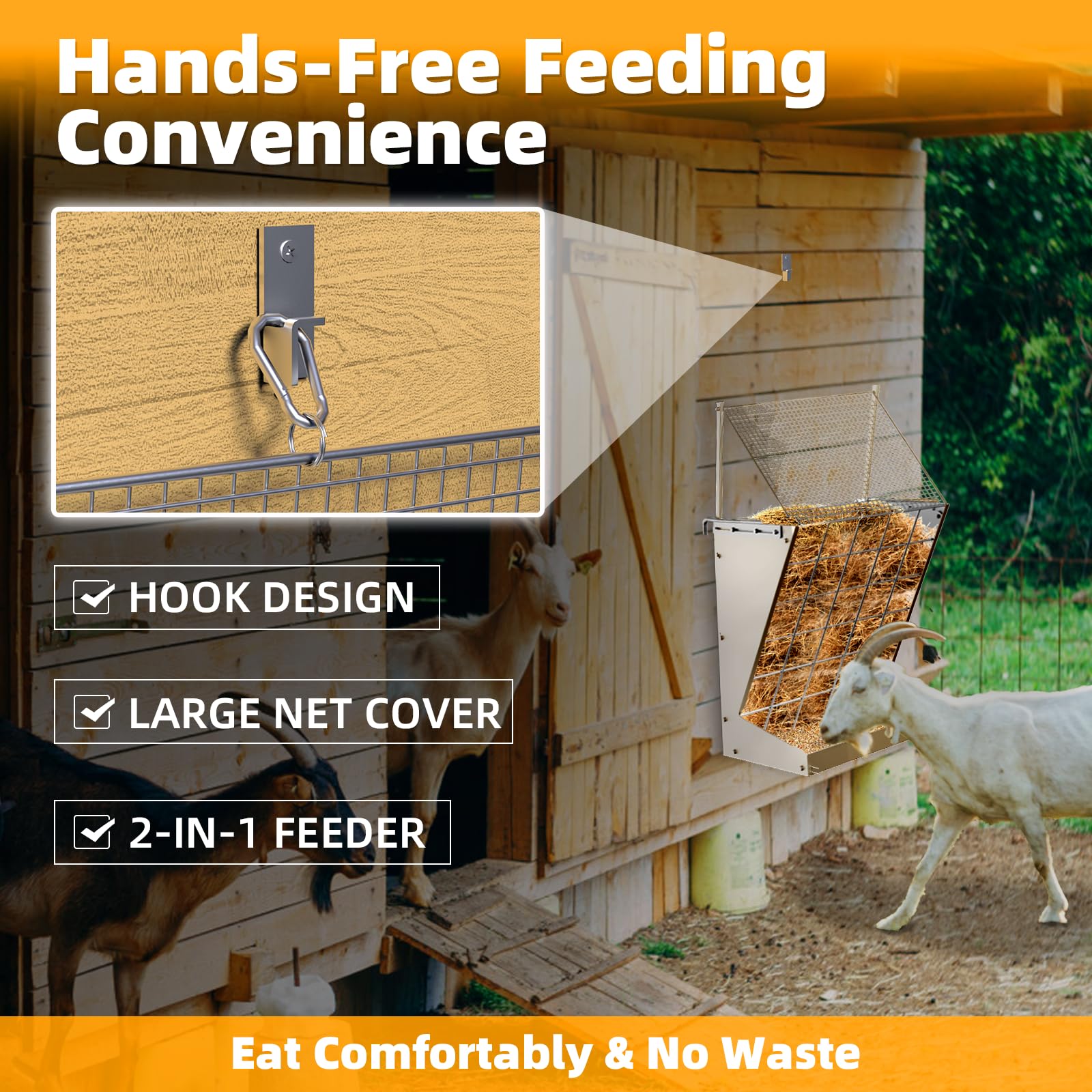 Wall Mount Hay Rack, 2 in-1 Goat Hay Feeder with Hook, 19 Gallons Heavy Duty Galvanized Wall Hay Rack, Livestock Feeder with Adj