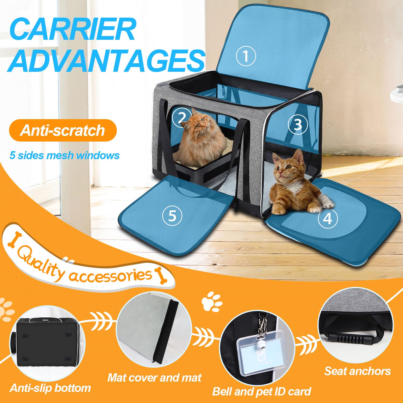 Petskd Extra Large Cat Carrier with Wheels and Litter Box 24 x17 x17  for Large Cat or 2 Small Cats, Collapsible Soft Sided Pet