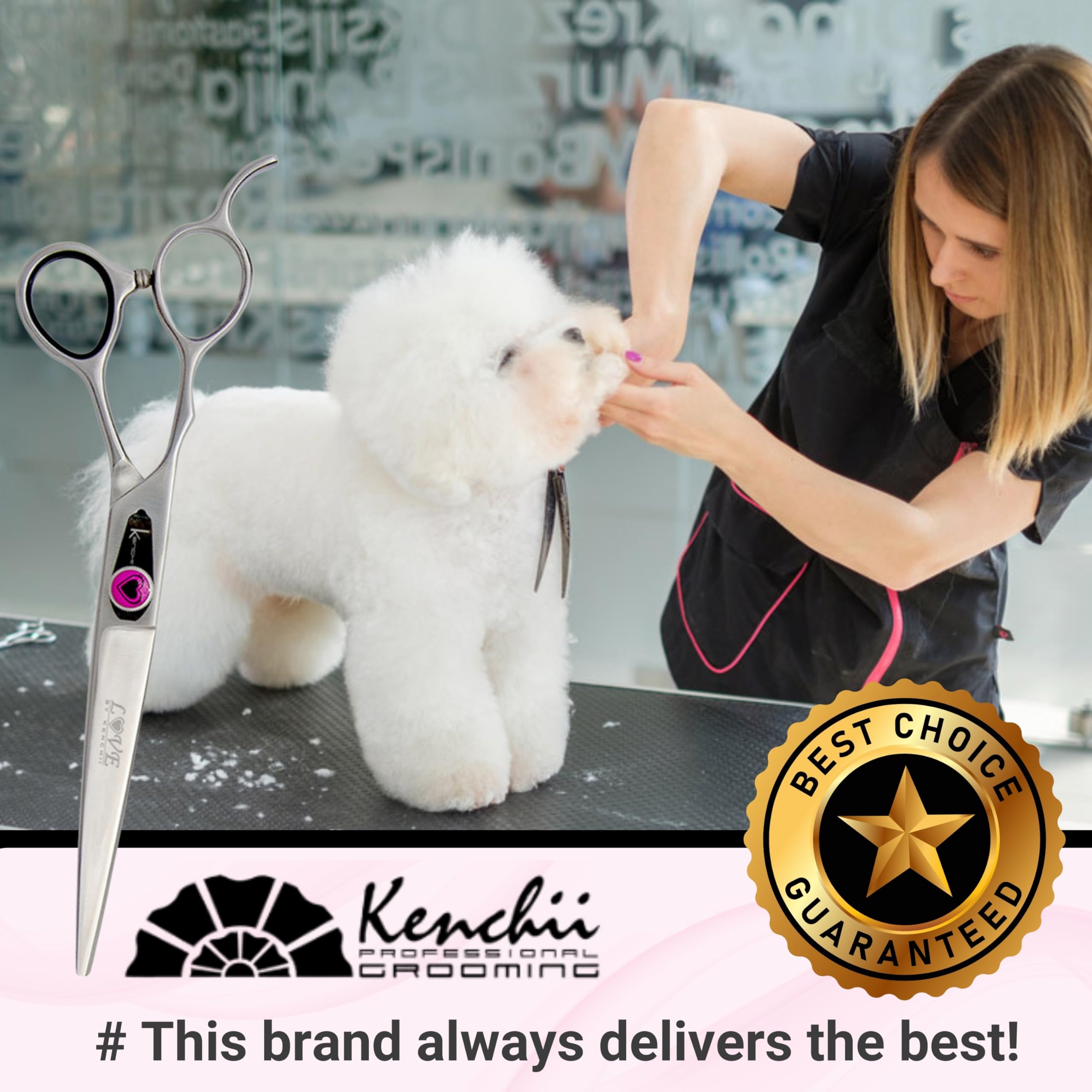 Kenchii Left Handed Dog Grooming Scissors | 7 Inch Shears | Straight Scissors For Dog Grooming | Love Collection Dog Shears | Pet Grooming Accessories | Pet Hair Trimming Scissor