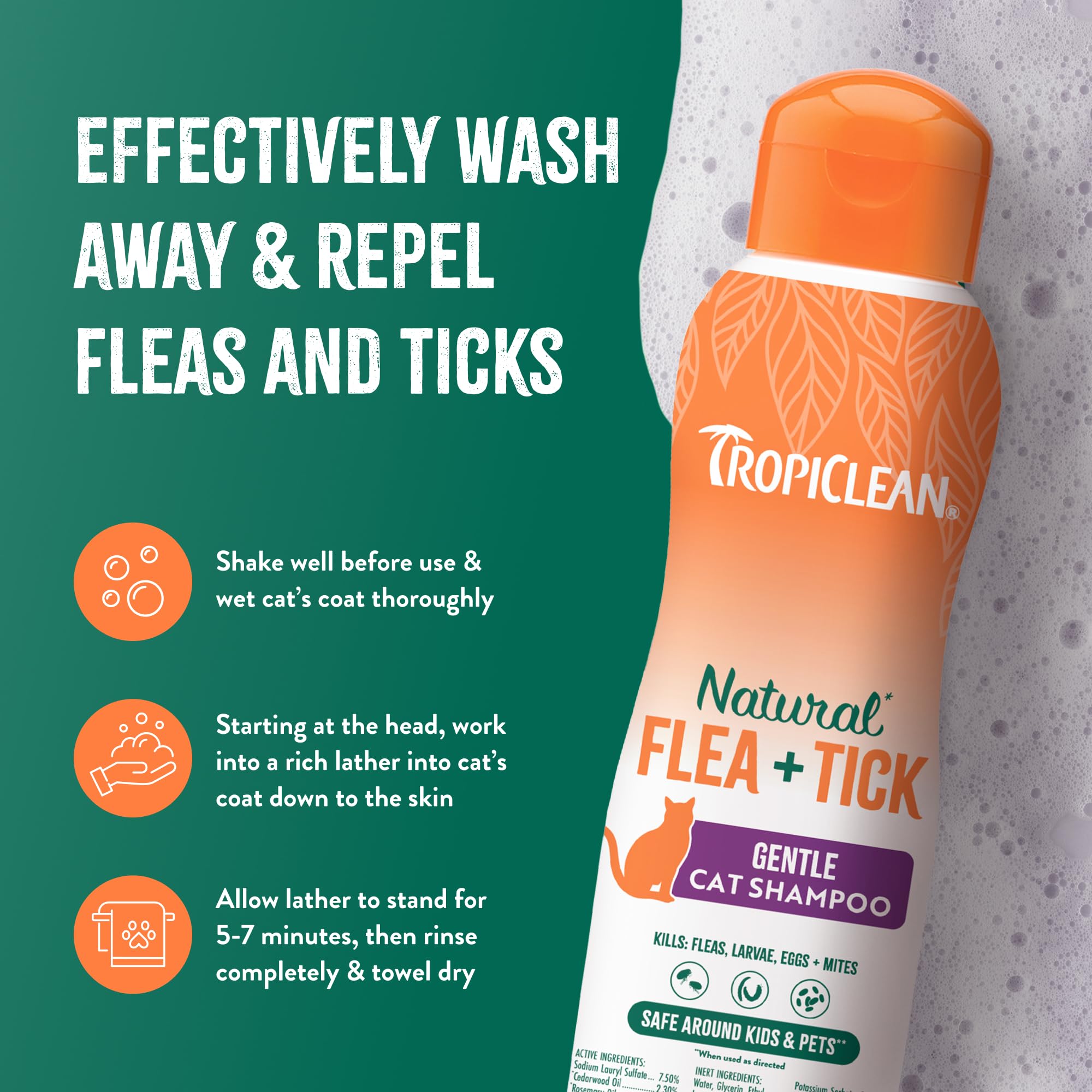 TropiClean Gentle Flea Shampoo for Cats, Flea and Tick Prevention for Cats, Powerful & Natural Defense, Made in USA, 12 oz.