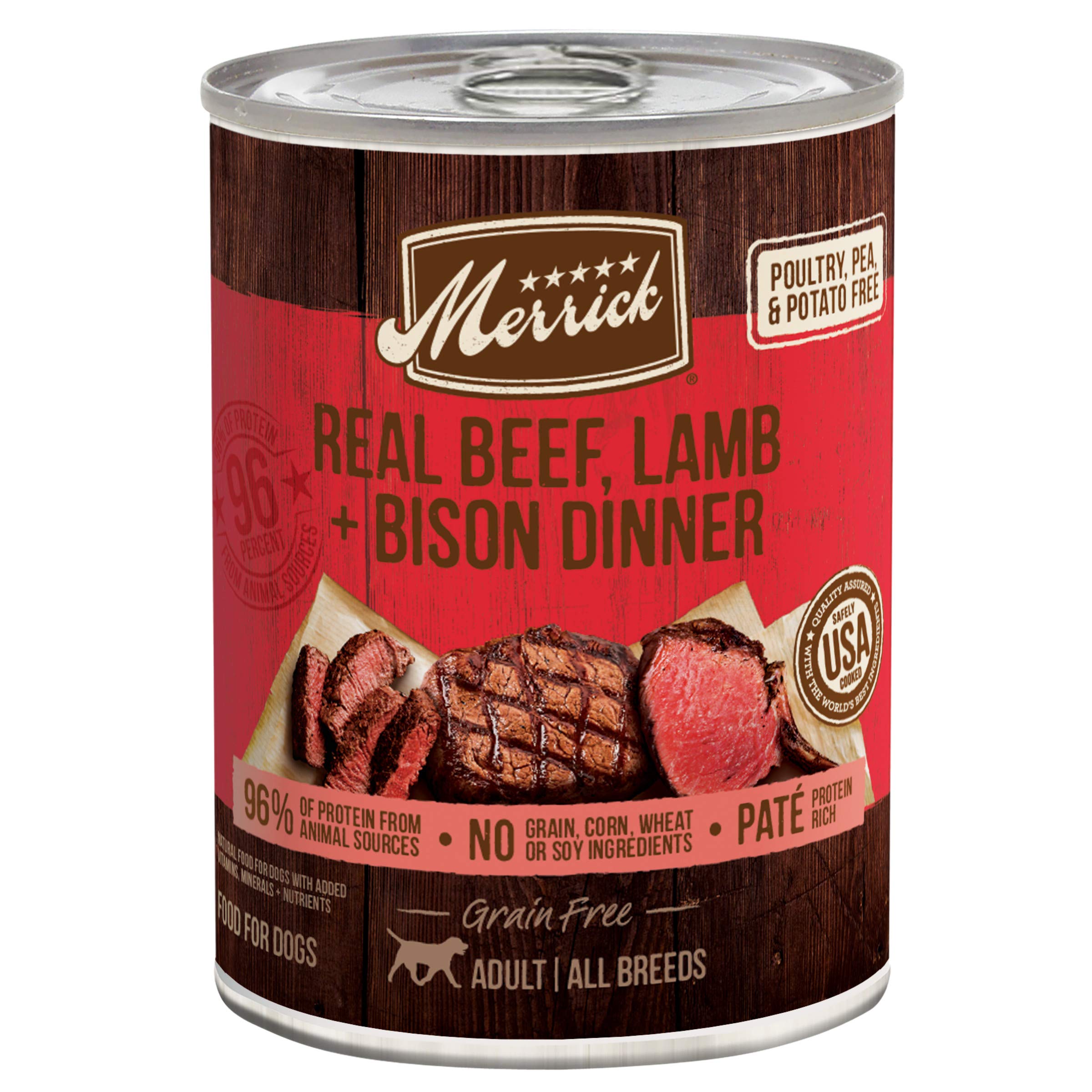 Merrick Grain Free Premium And Natural Canned Dog Food, Soft And Healthy Wet Recipe, Real Beef Lamb And Bison - (Pack of 12) 12.