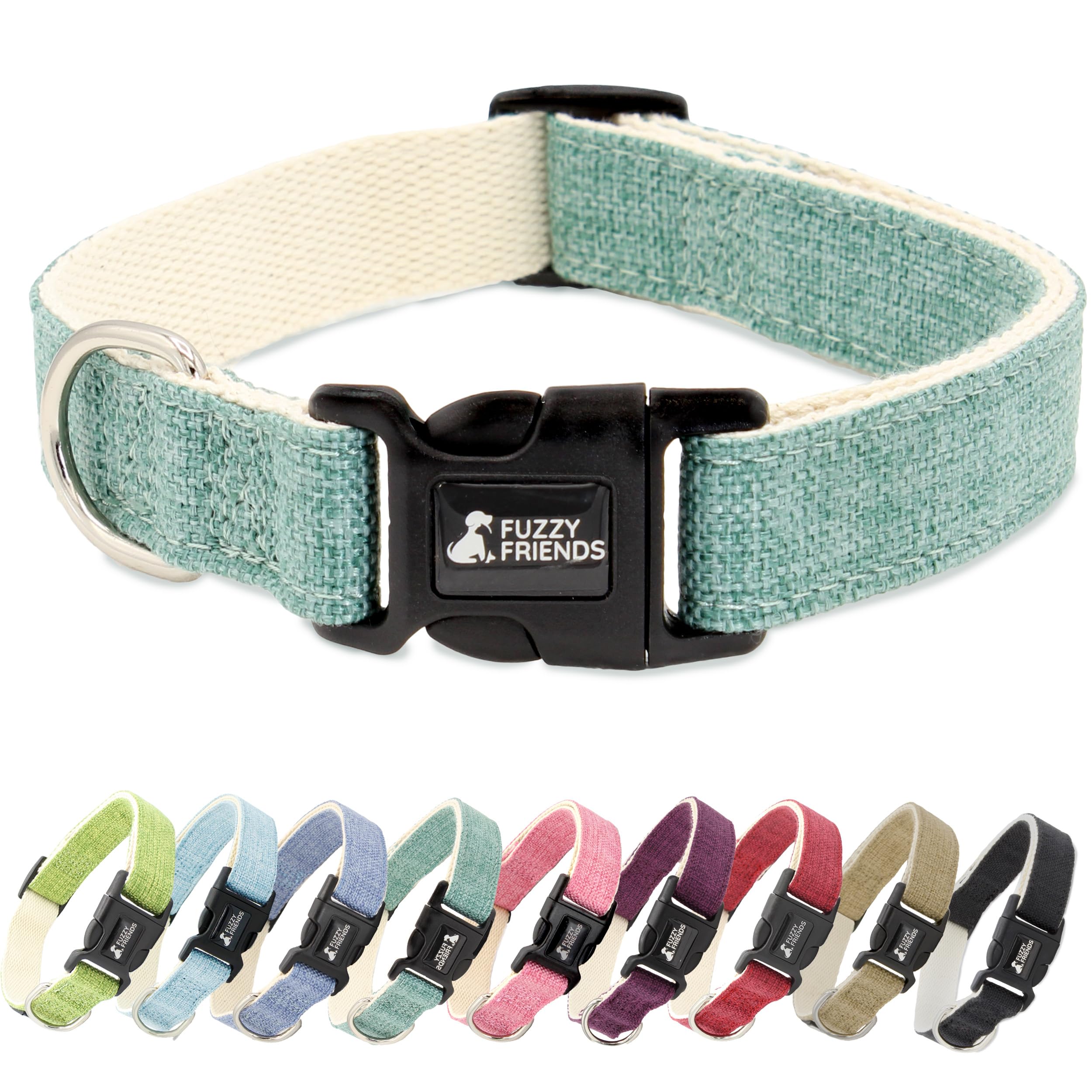 Fuzzy Friends Teal Hemp Dog Collar - Hypoallergenic Dog Collar - Comfortable for Sensitive Skin or Allergies with no Harsh Dyes 