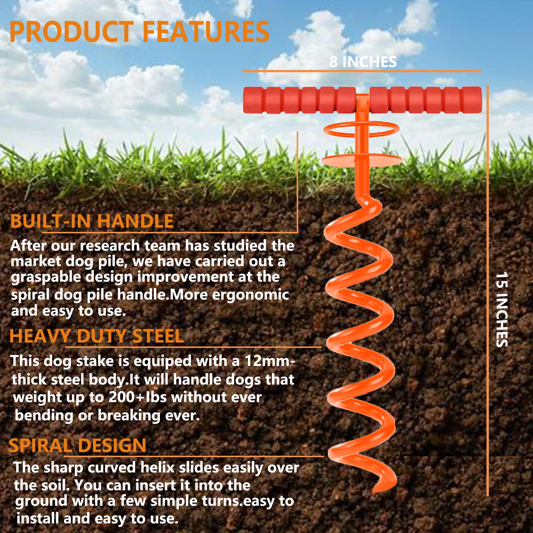 Sliridog Heavy Duty Dog Tie Out Cable and Stake, 10FT, Alloy Steel, for Large Dogs up to 200 lbs, Orange