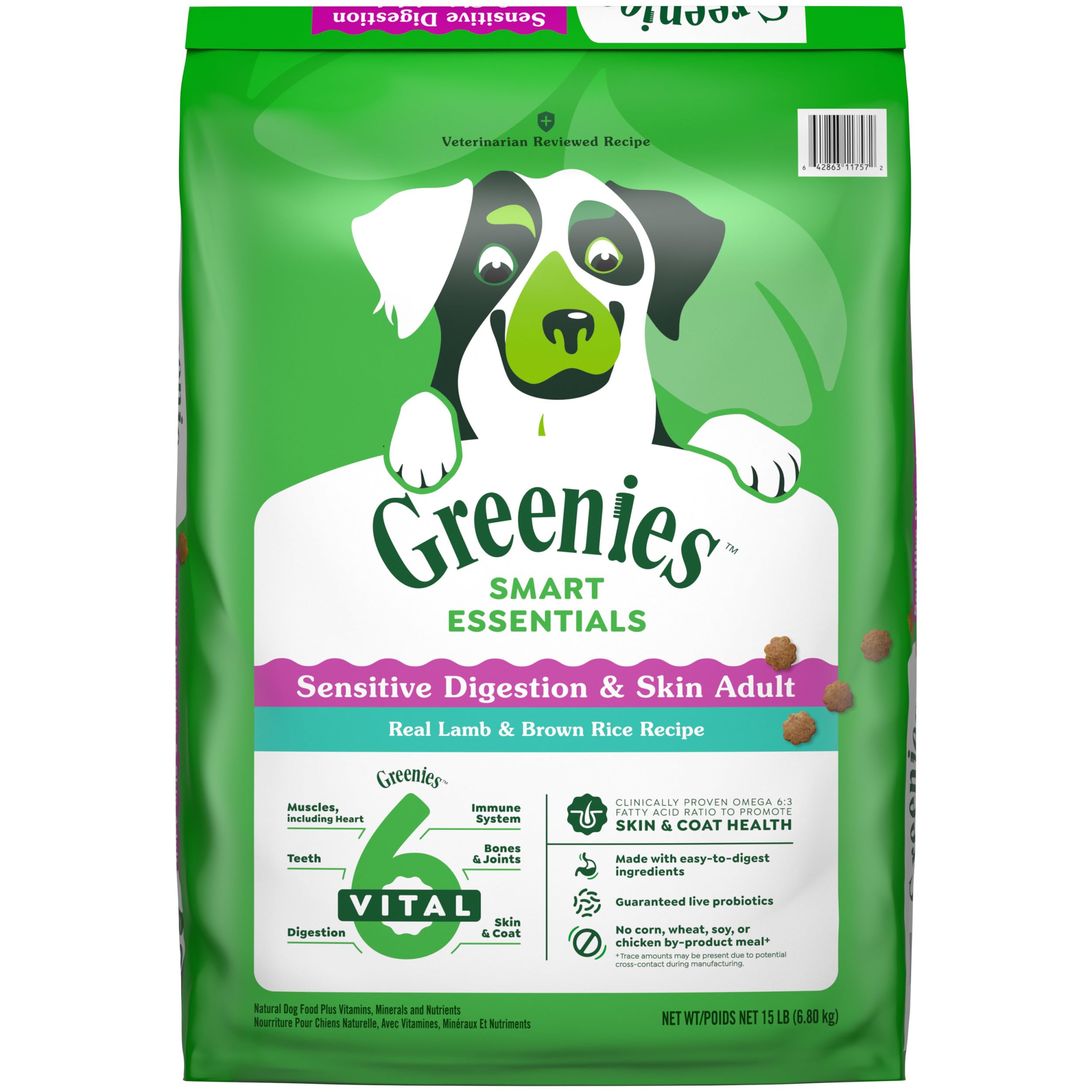 Greenies Smart Essentials Sensitive Digestion & Skin Adult Dry Dog Food Real Lamb & Brown Rice Recipe, 15 lb. Bag