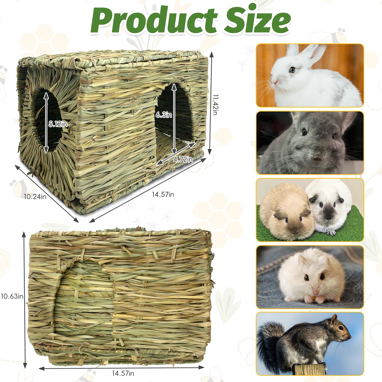 Hamiledyi Large Rabbit Grass House Hand Woven Natural Bunny Hut Foldable Play Bed Safe Cozy Hideaway Hay Mat Chew Toys For Hamst