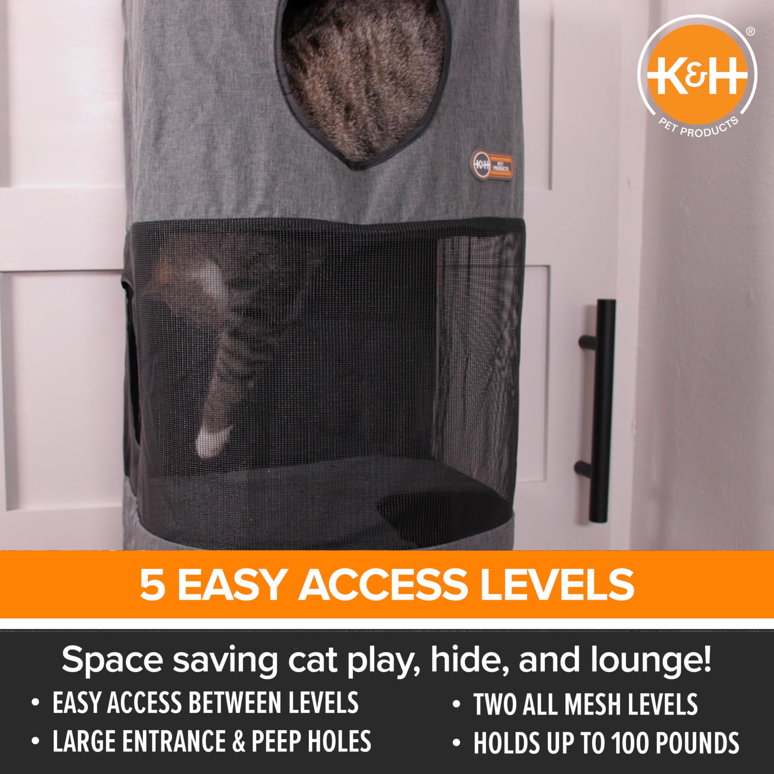 K&H Pet Products Hangin Cat Tree Condo 5 Level Door Mounted Cat Furniture, Space Saving, Mesh Levels, Peep Holes, Interconnectin