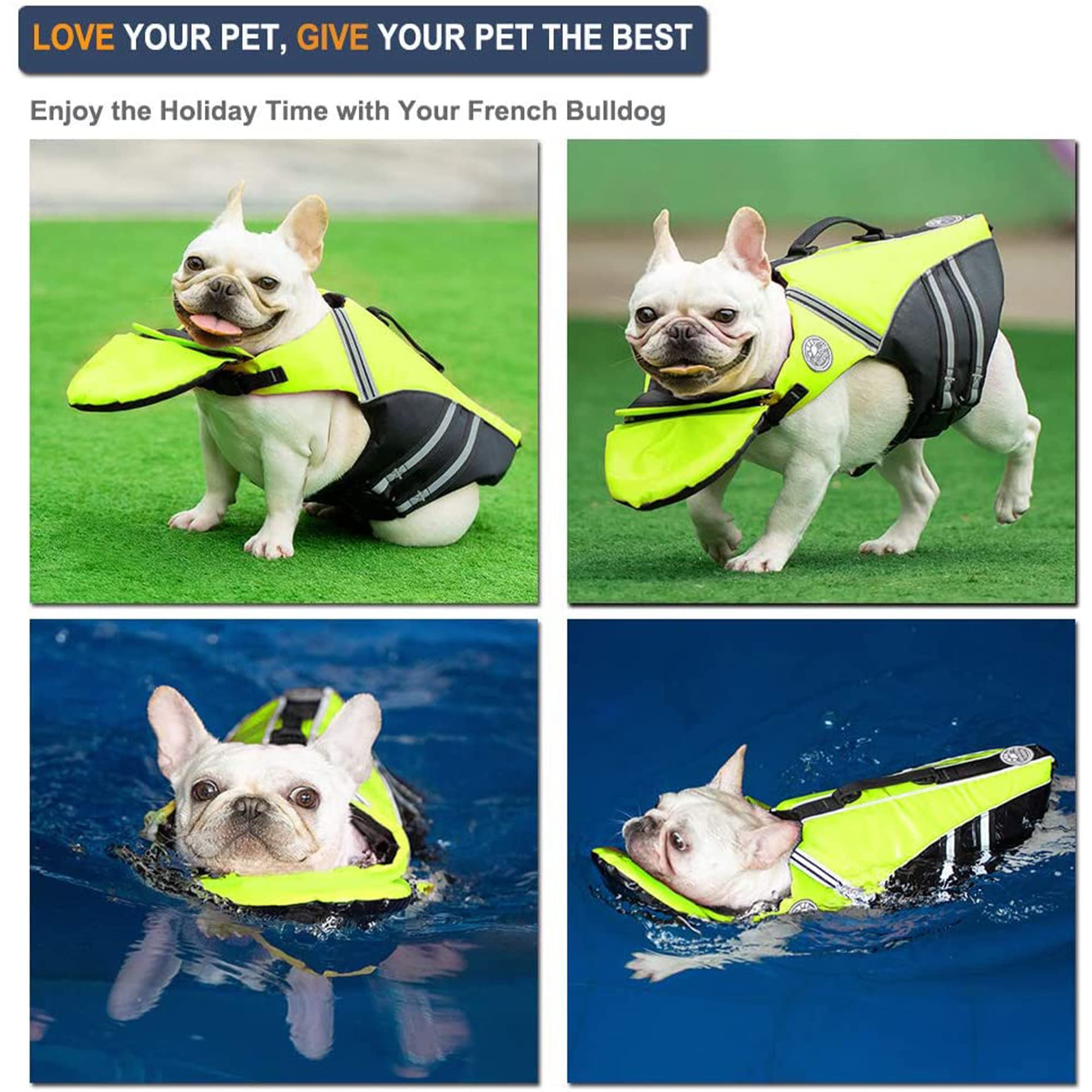 Petglad French Bulldog Life Jacket, Life Vest With Chin Float Rescue Handle For Corgi Pug, Adjustable High Visibility Flotation Swim Vest For Swimming Boating (Green)