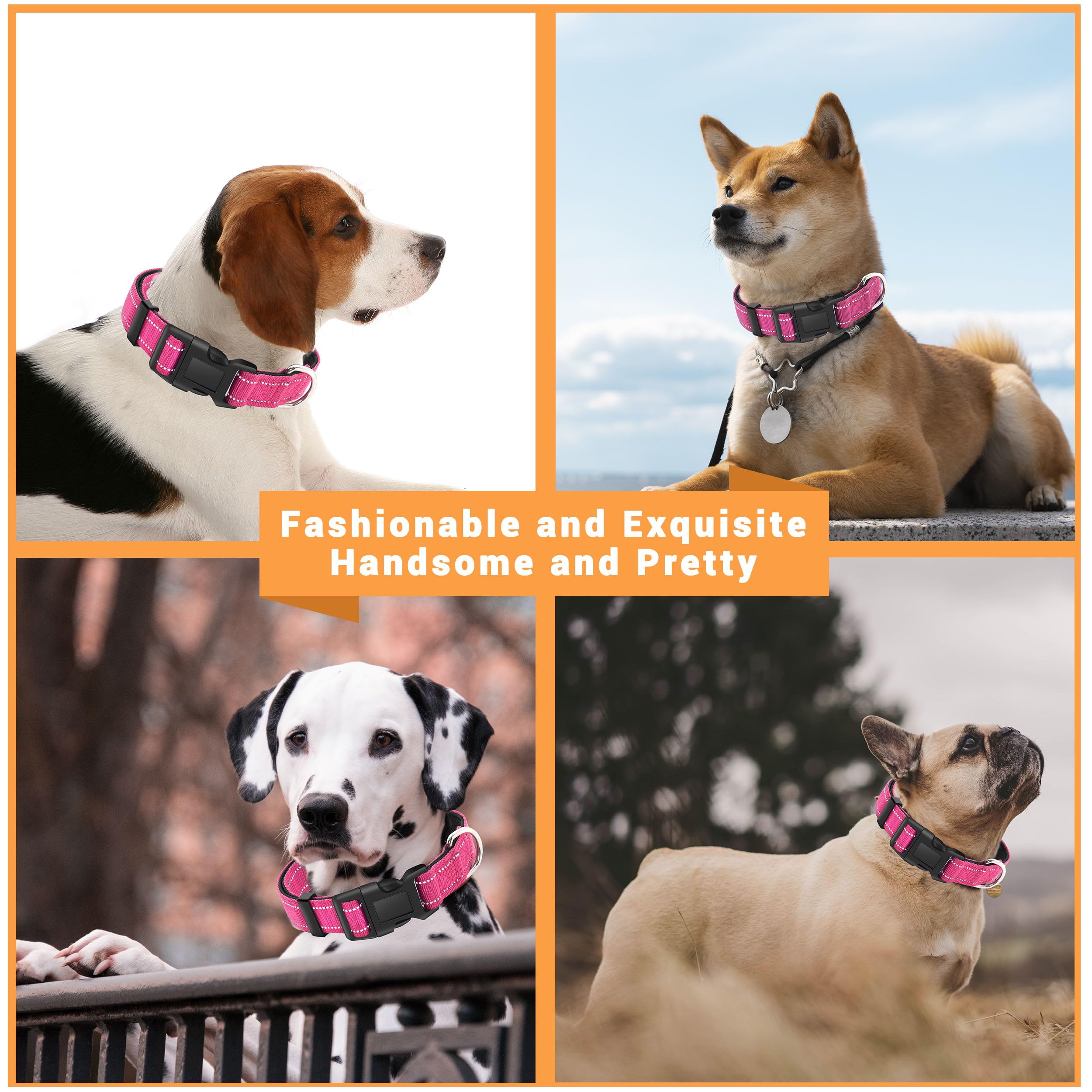 Lievuiken 2 Pack Reflective Dog Collar With Safety Locking Buckle, Adjustable Soft Breathable Comfortable Nylon Pet Collar For Small, Medium And Large Dogs, Hotpink, S
