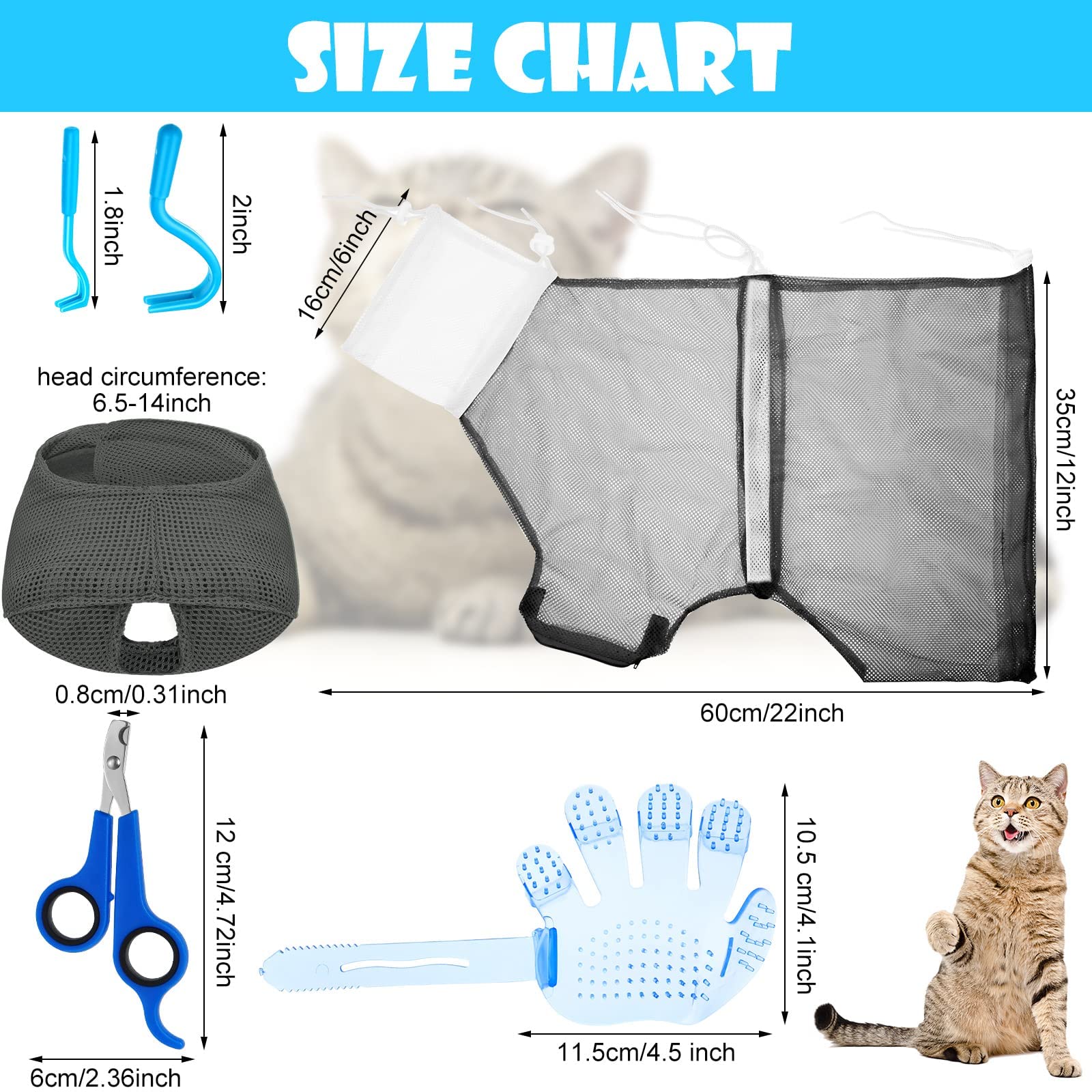 5 Pieces Cat Bathing Bag Set Cat Grooming Bag Adjustable Pet Shower Net Bag Cat Muzzles Anti-Bite Anti-Scratch Nail Clipper Tick Remover Tool Massage Brush For Bathing Cleaning Trimming (Grey-White)
