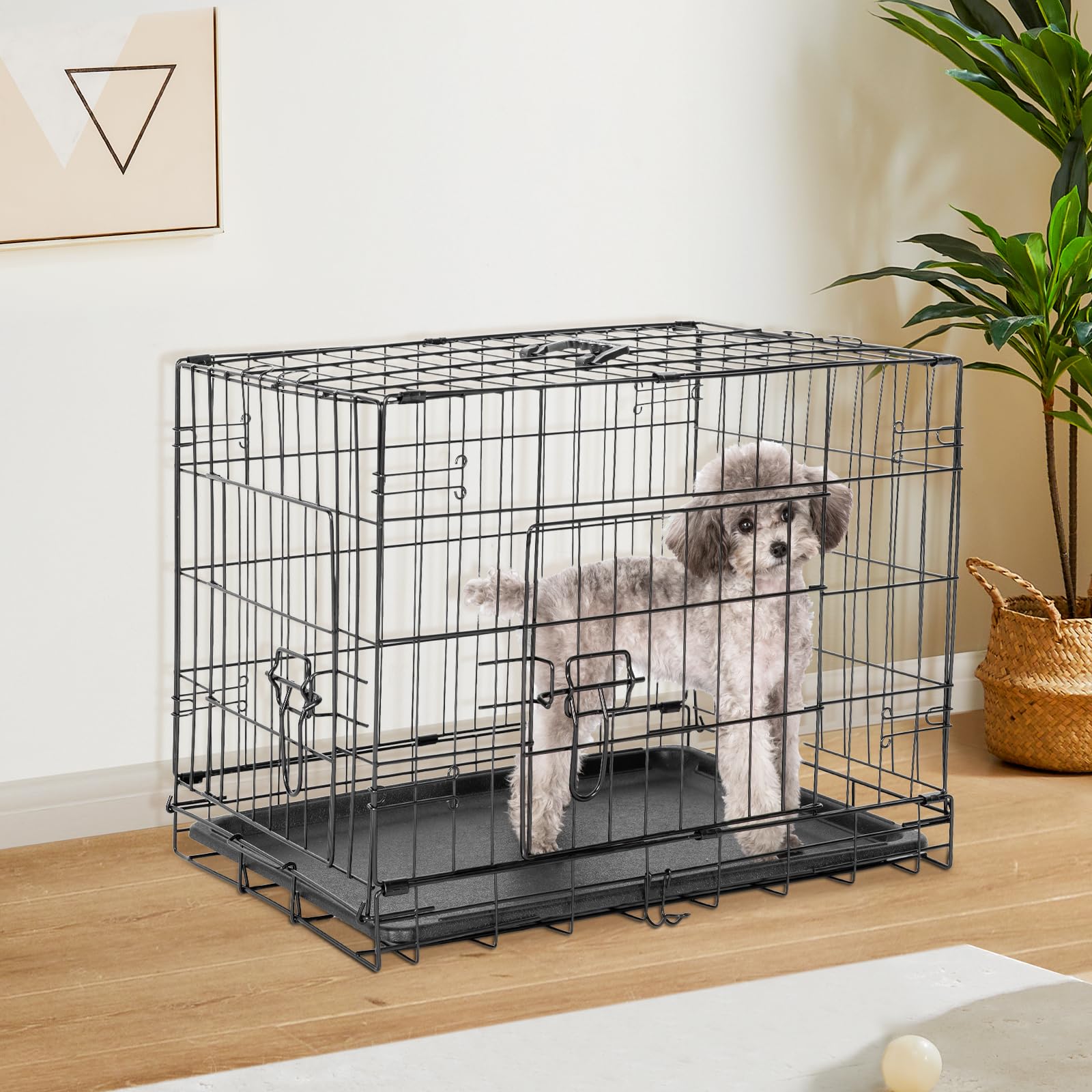 Sweetcrispy 24-Inch Double-Door Iron Dog Crate - Heavy-Duty Metal Kennel With Secure Locks, Foldable Design, & Removable Tray Fo