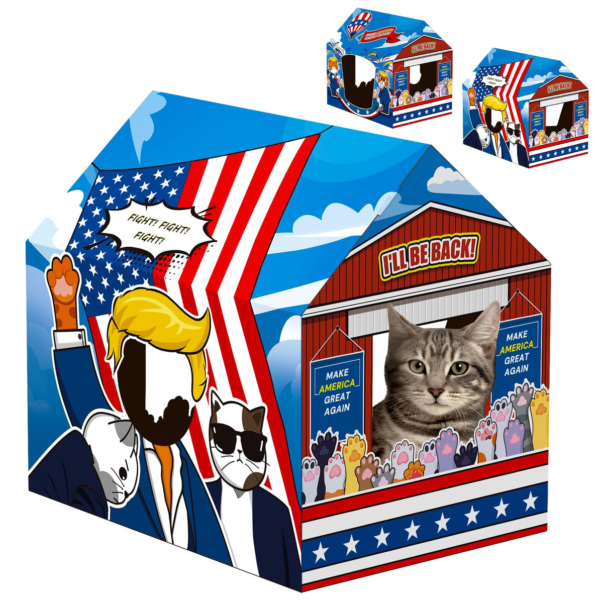 Sekam Cardboard Cat House With Scratcher/Catnip,(16.5''X12''X15'') Kitty Meow America For Indoor/Outdoor Cats,Cat Play House&Hom