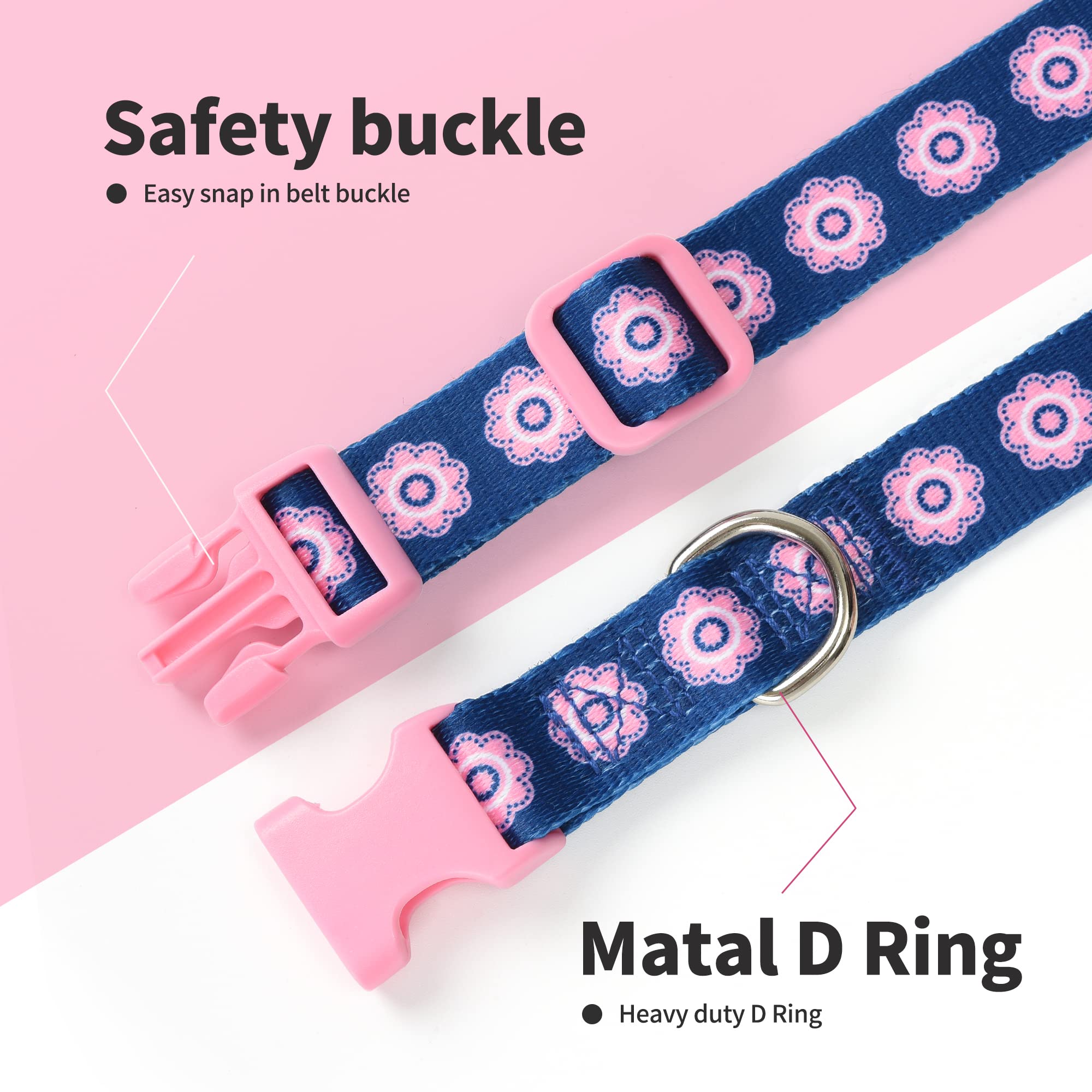 Mile High Life Nylon Puppy Dog Collar W Cute Patterns Lightweight Girl Boy Collar For Small/Medium/Large Dogs (Pink Flower, Larg