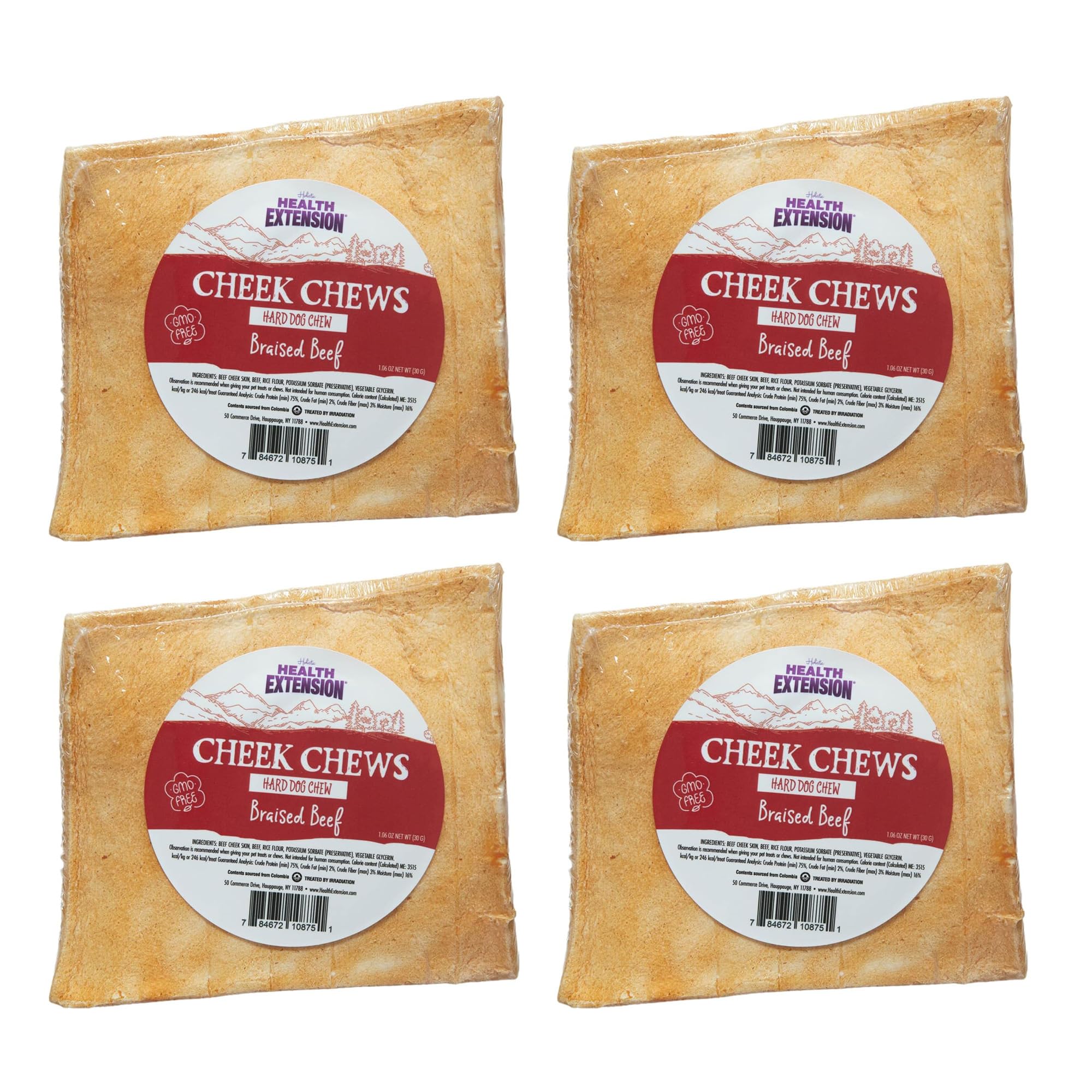 Health Extension Cheek Chews for Dogs - Non-GMO, Rawhide-Free Beef Flavor Training Treat, Durable for Aggressive Chewers, 4 Pack