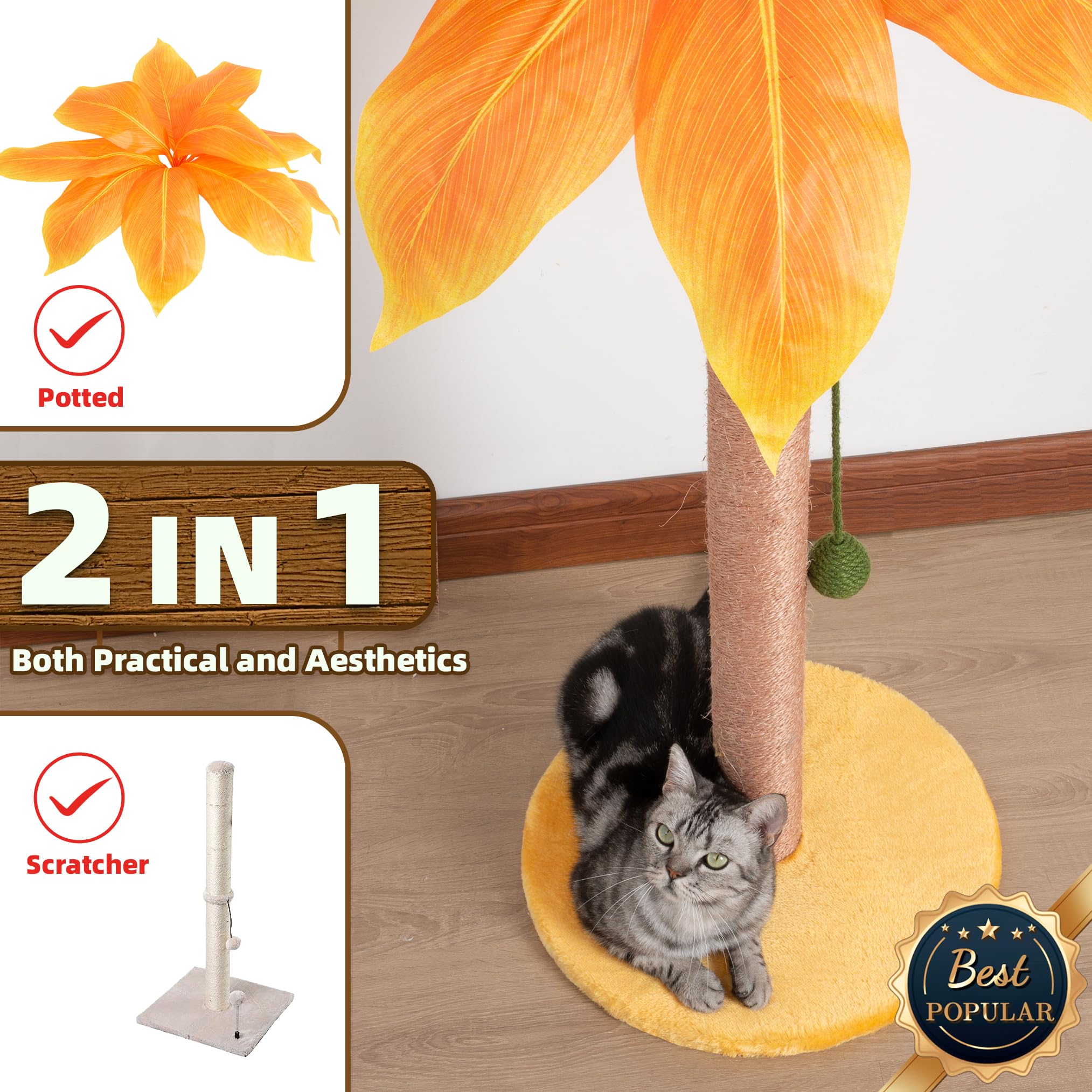 Scratching Post 33 Inch Tall For Indoor Cats With Sisal Rope, Scratcher For Cute Kitten, Yellow